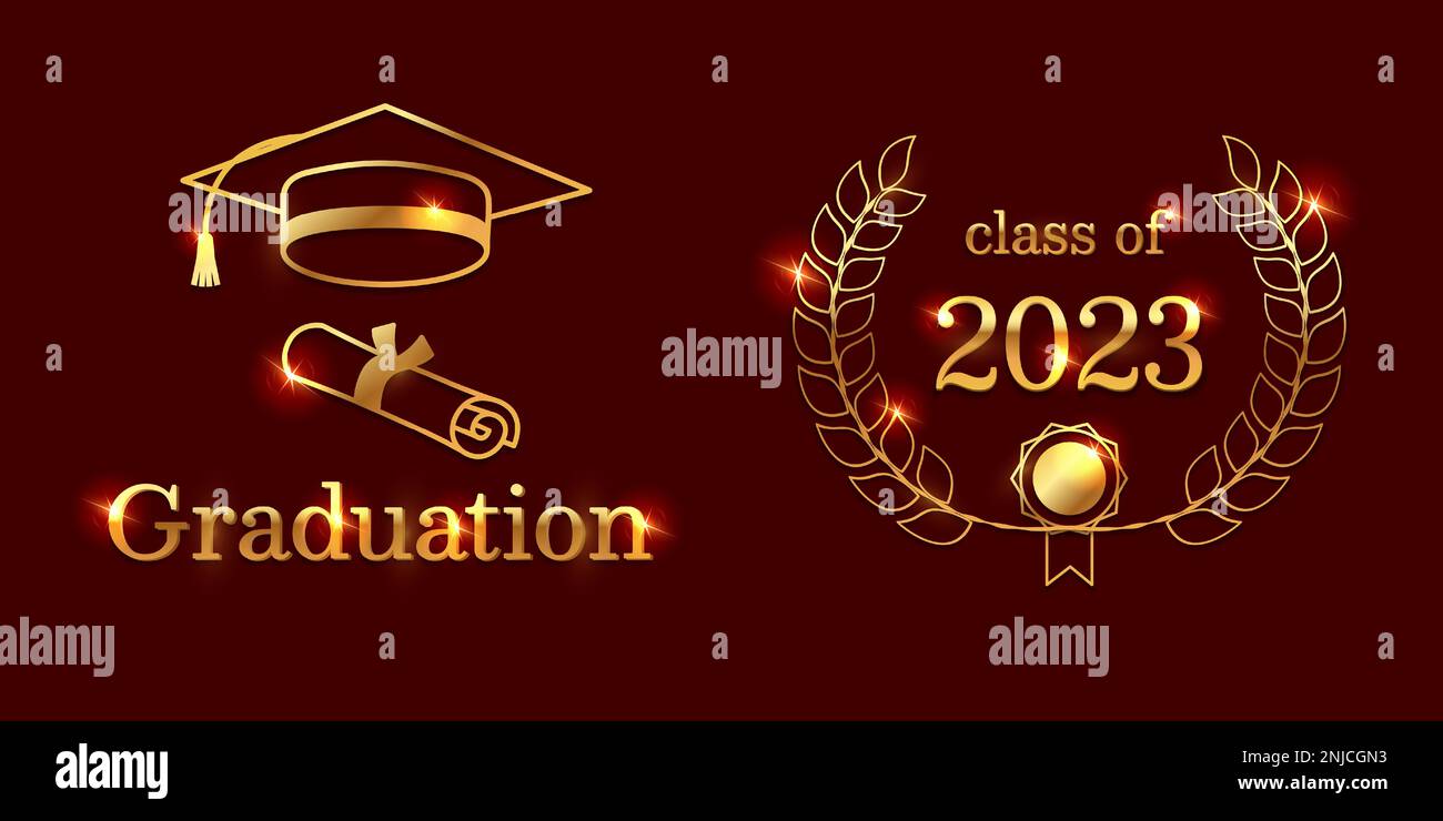 Festeggia la laurea con stile utilizzando questo elegante invito o biglietto di auguri con un cappuccio e un testo in oro. Illustrazione vettoriale. Illustrazione Vettoriale