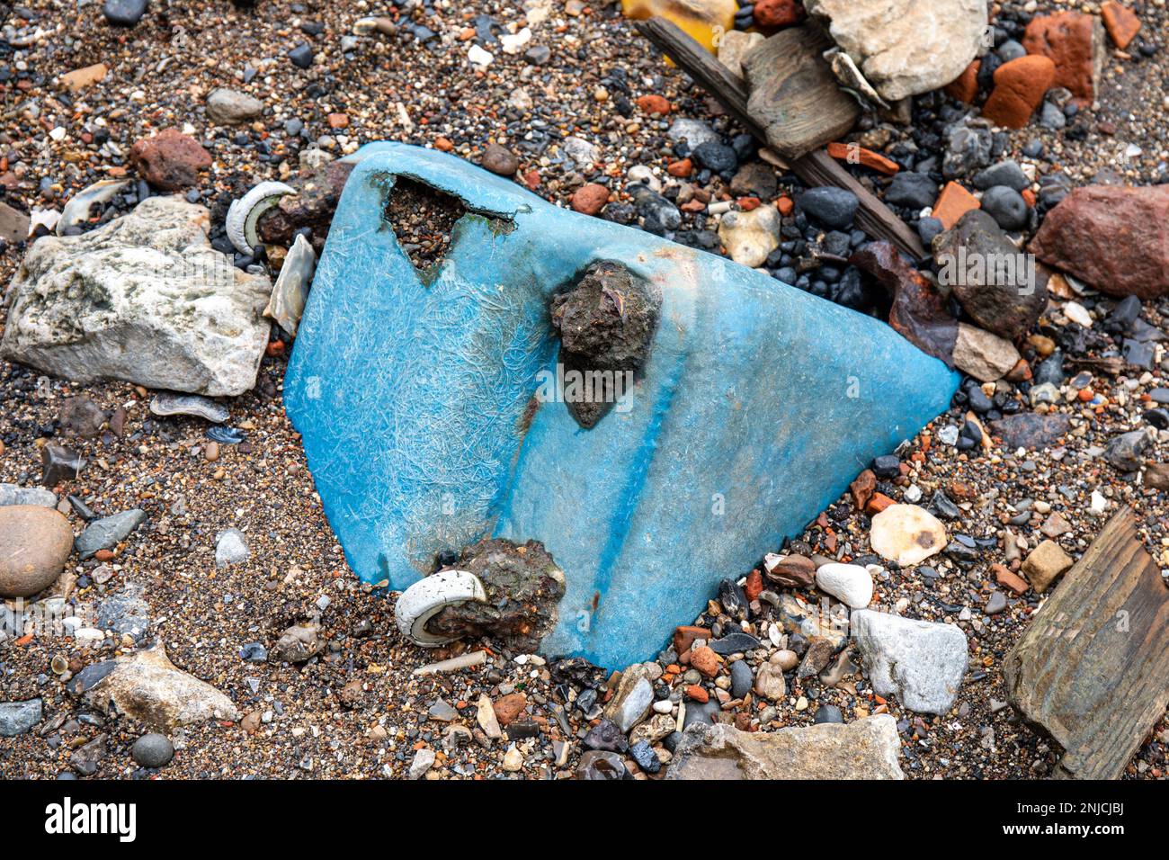 Contenitore di fibra di vetro blu su ruote sepolto nel Tamigi durante la bassa marea a Londra, Inghilterra Foto Stock