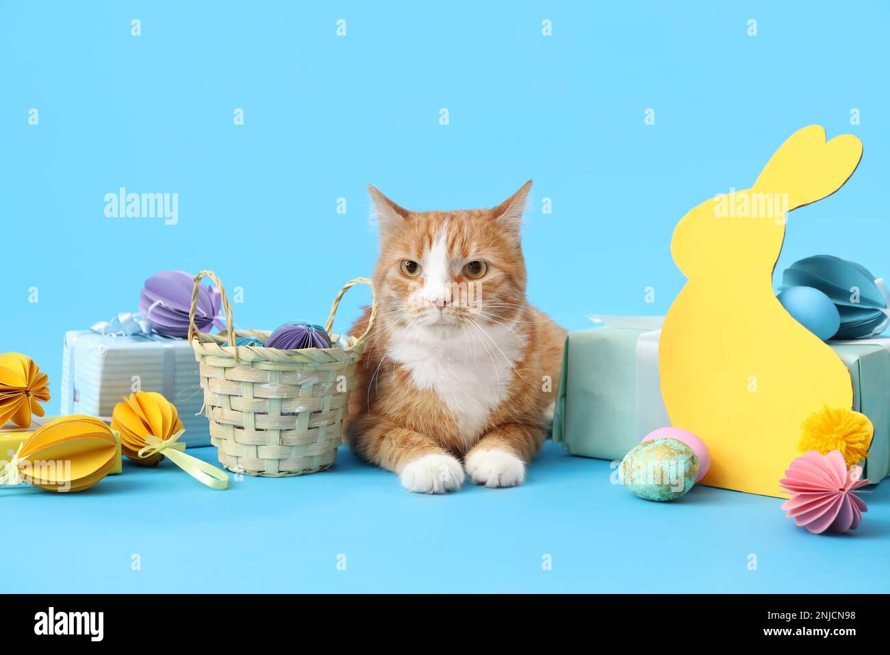 Carino gatto con uova di Pasqua, regali e coniglio di carta su sfondo blu Foto Stock