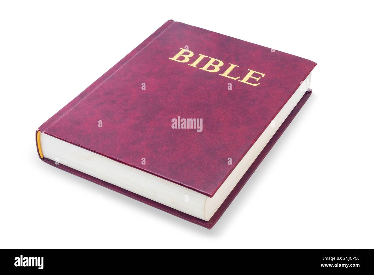 Sacra bibbia - libro chiuso giace di colore rosso, isolato su bianco con sentiero di ritaglio Foto Stock