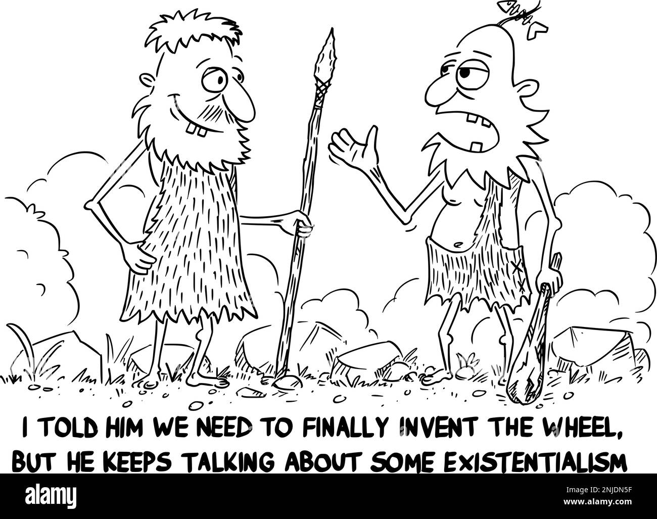 Business o politico Cartoon di Cavemen parlando di tecnologia e filosofia, Vector Illustration Illustrazione Vettoriale