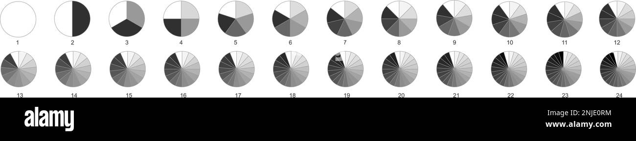 Modelli di grafici a ciambella o a torta. Il cerchio si divide in 2, 3, 4, 5, 6, 7, 8, 9, 10, 11, 12, 13, 14, 15, 16, 17, 18, 19, 20, 21, 22, 23, 24 parti uguali. Serie di schemi delle ruote segmentate. Illustrazione vettoriale. Illustrazione Vettoriale