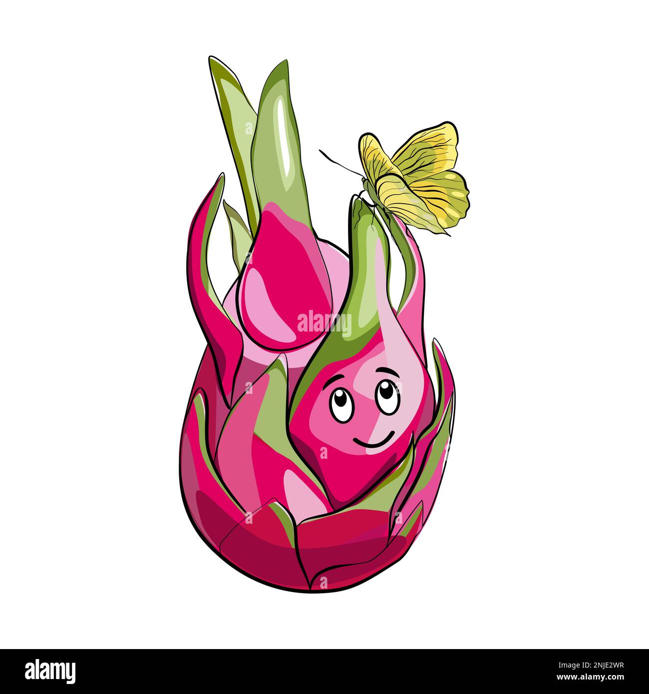 Design di carattere Dragonfruit con illustrazione divertente del volto e del vettore farfalla Illustrazione Vettoriale