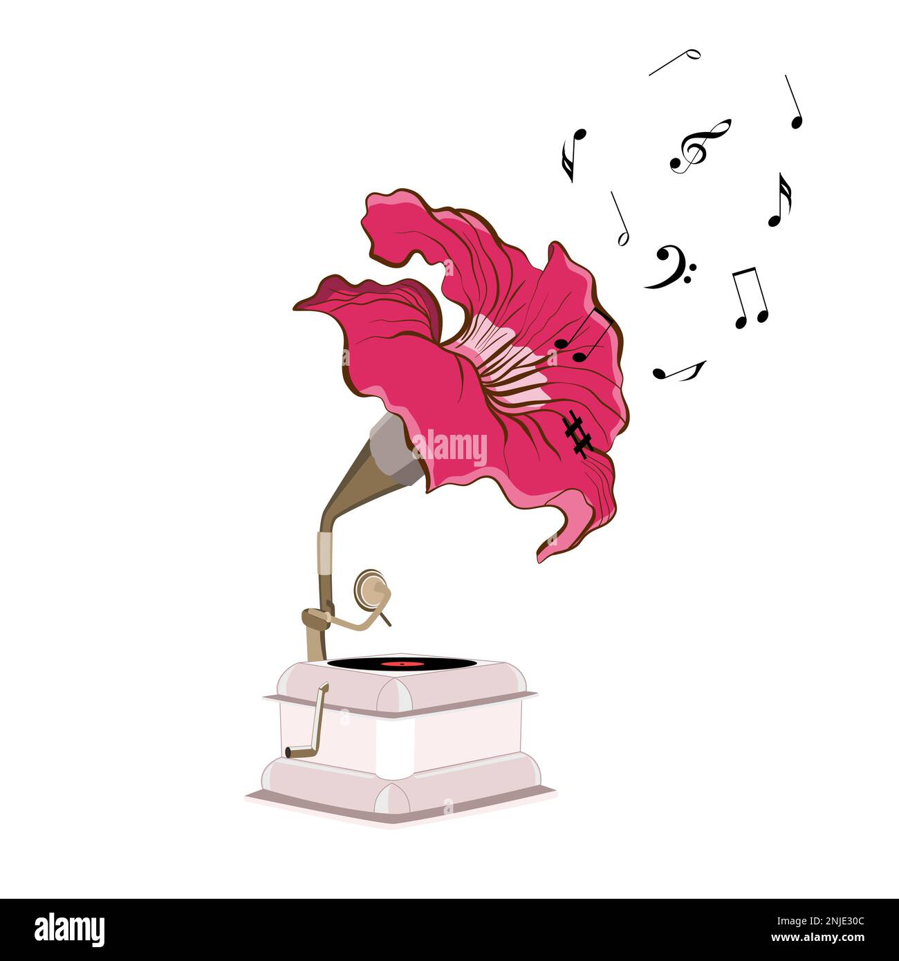 Gramofono vettoriale con fiore di nasturzio e note musicali in tecnica piatta Illustrazione Vettoriale