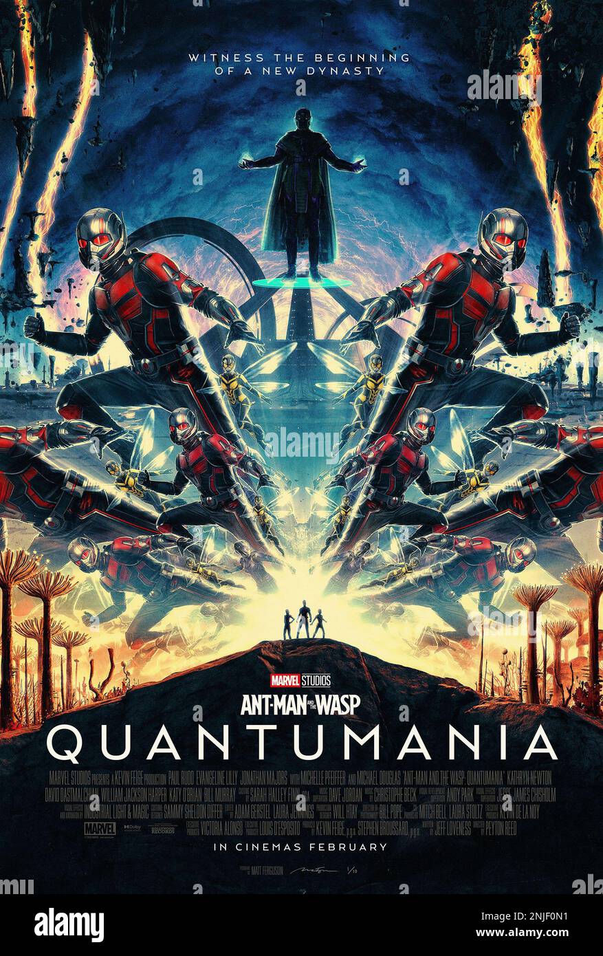 ANT-MAN E IL WASP: QUANTUMANIA, (aka ANT-MAN 3), poster britannico, top:  Jonathan Majors come Kang il Conquistatore; left & right, dall'alto: Paul  Rudd come ANT-Man, Evangeline Lilly come Wasp, Kathryn Newton, 2023. ©