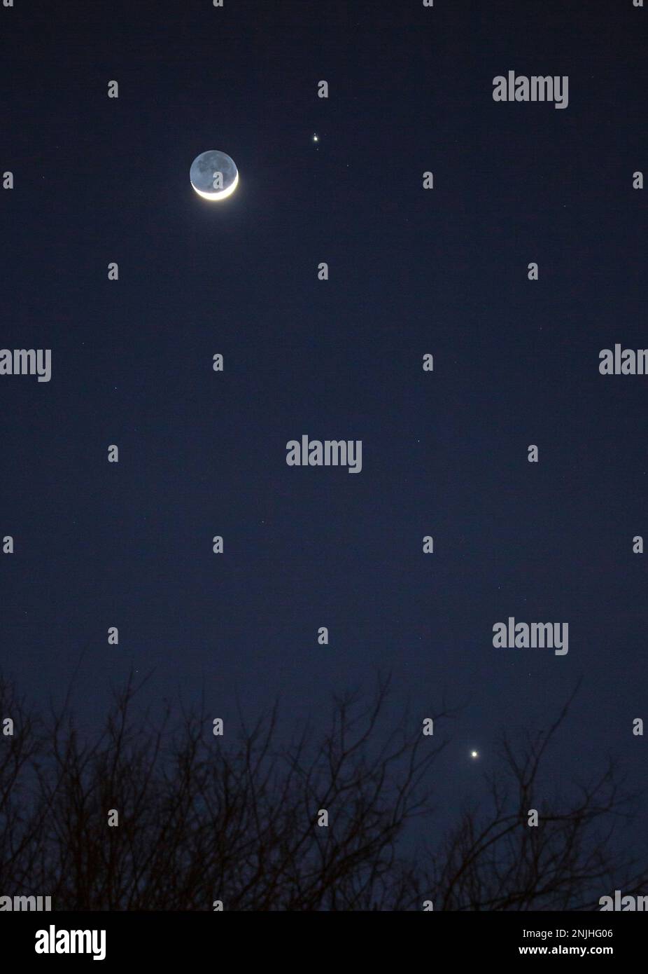 Una luna gibbosa cerante e i pianeti Giove e Venere convergono la sera del 22 febbraio 2023. Tre lune galileiane di Giove sono visibili. Foto Stock