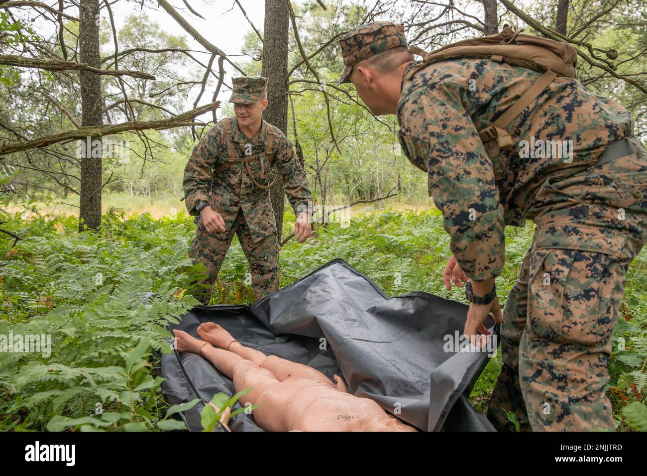 STATI UNITI Corpo marino Lance CPL. Samuel Herbert e Lance CPL. Sean Whelan, Combat Logistics Regiment 45, personale recupero e lavorazione Società (-) posizionare un manichino nel bosco per un prossimo esercizio di ricerca e recupero che insegnano a Northern Strike 22-2 in Grayling, Michigan, 8 agosto 2022. Northern Strike si concentra sulla capacità delle forze armate di addestrare il combattente in qualsiasi ambiente attraverso il continuum in modo che la nostra nazione possa competere, scoraggiare e vincere oggi e domani. Foto Stock