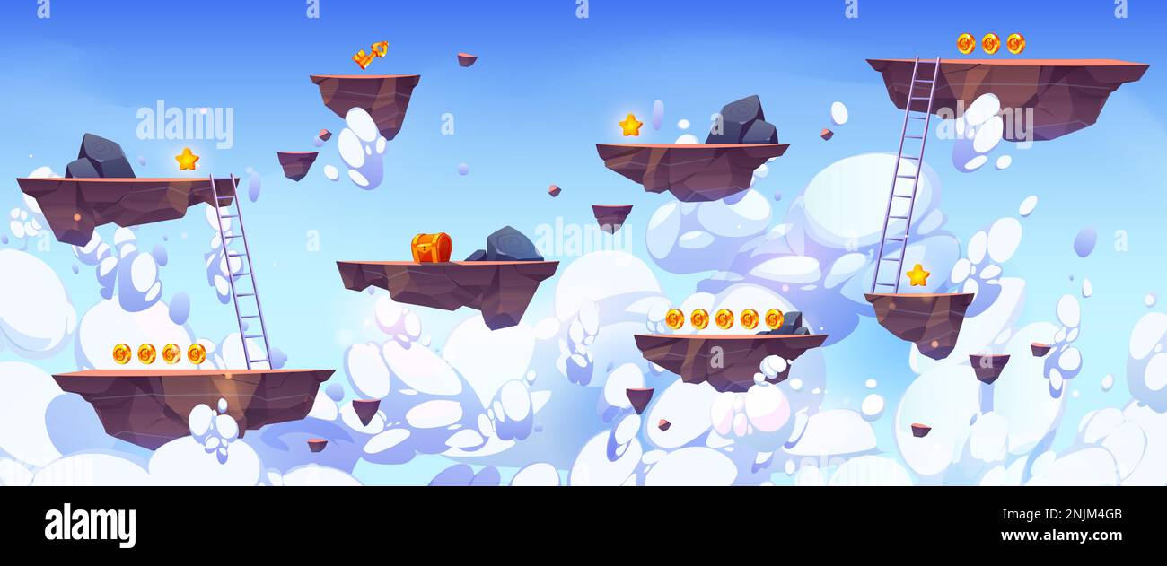 Volo rock isole vettore gioco sfondo cielo paesaggio. mappa a livello di interfaccia utente 2d con piattaforma galleggiante, gin oro, scale su cielo blu con nuvole bianche. Cartoni animati arcade videogiochi World asset design Illustrazione Vettoriale