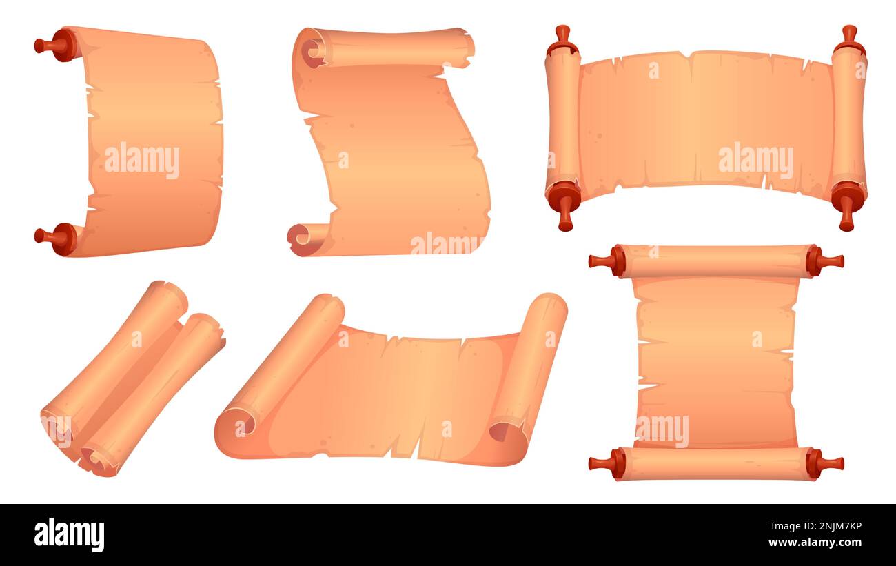 Set di pergamena scorre isolato su sfondo bianco. Cartoon vettoriale illustrazione di antichi rotoli di papiro, vecchia mappa, lettera di messaggio medievale, manoscritto antico. Modello di documento vintage vuoto Illustrazione Vettoriale