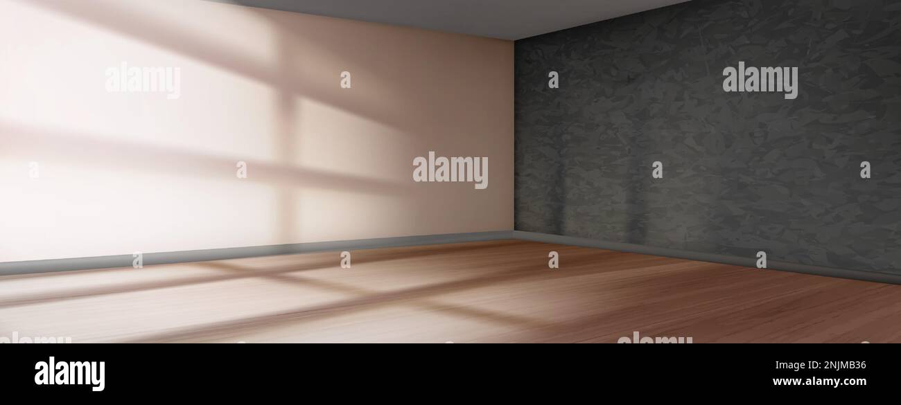 3d vuota stanza realistica angolo rendering con parete grigia e pavimento in legno in vettore. Effetto gobo luce solare dalla finestra all'interno della scena. Modello moderno per interni per il design degli interni dello showroom. Illustrazione Vettoriale