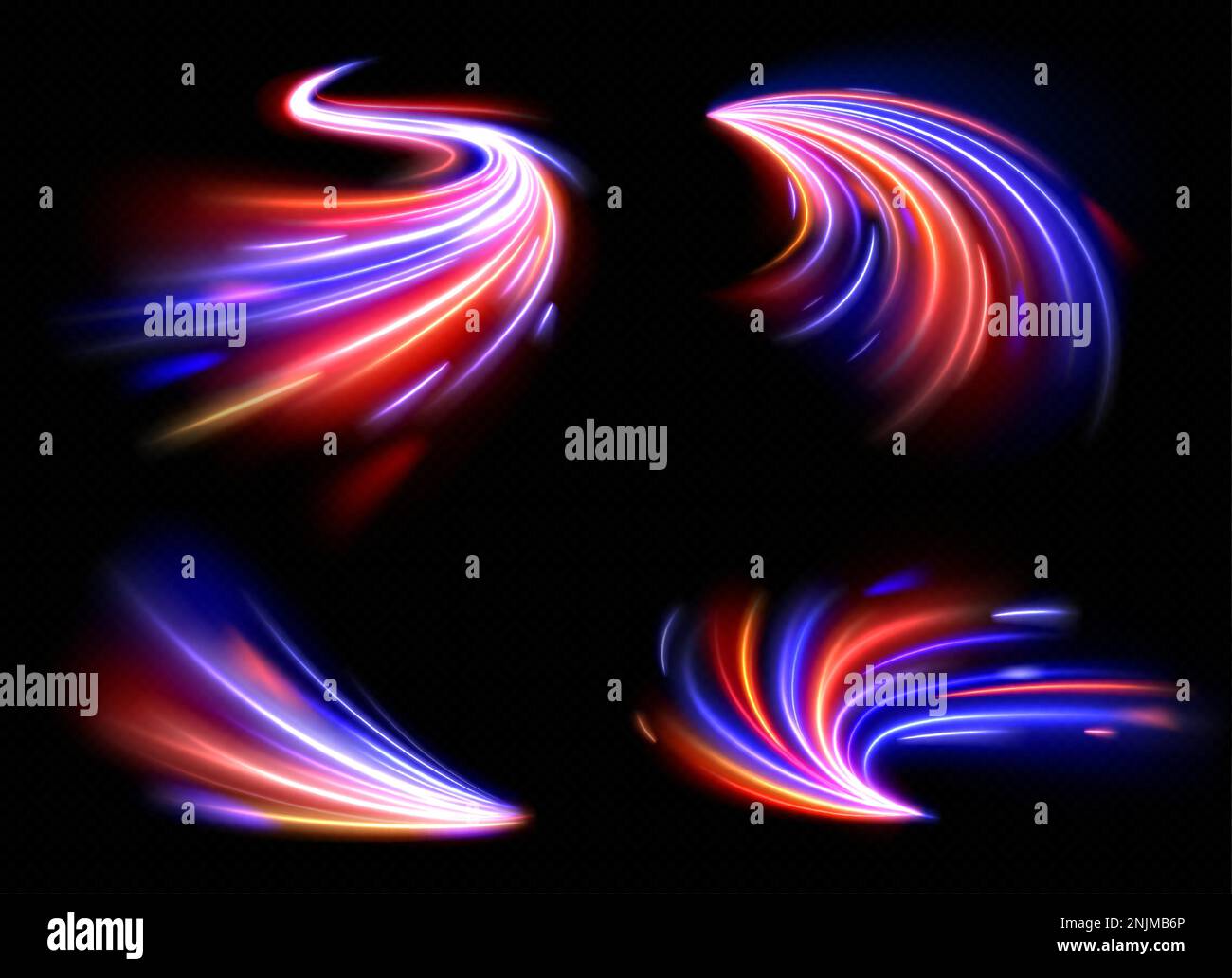 Set realistico di effetti luminosi a lunga esposizione isolati su sfondo nero. Illustrazione vettoriale di tracce di movimento ad alta velocità, linee astratte sfocate. Traffico in movimento su strada notturna. Energia magica flash Illustrazione Vettoriale