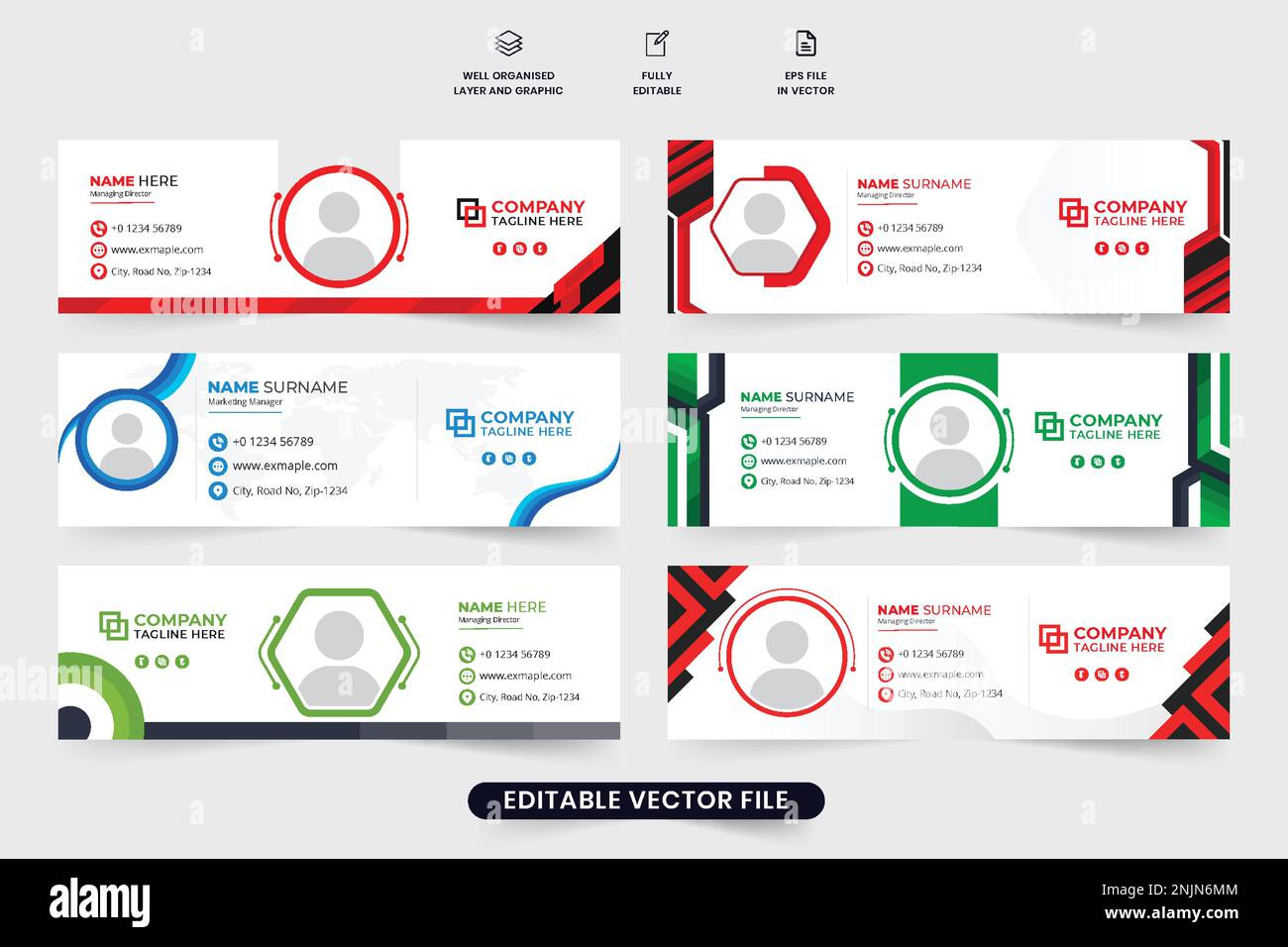 Moderna collezione di layout e-mail con forme creative. Firma e-mail aziendale per uso personale. Pacchetto firma e-mail professionale Illustrazione Vettoriale