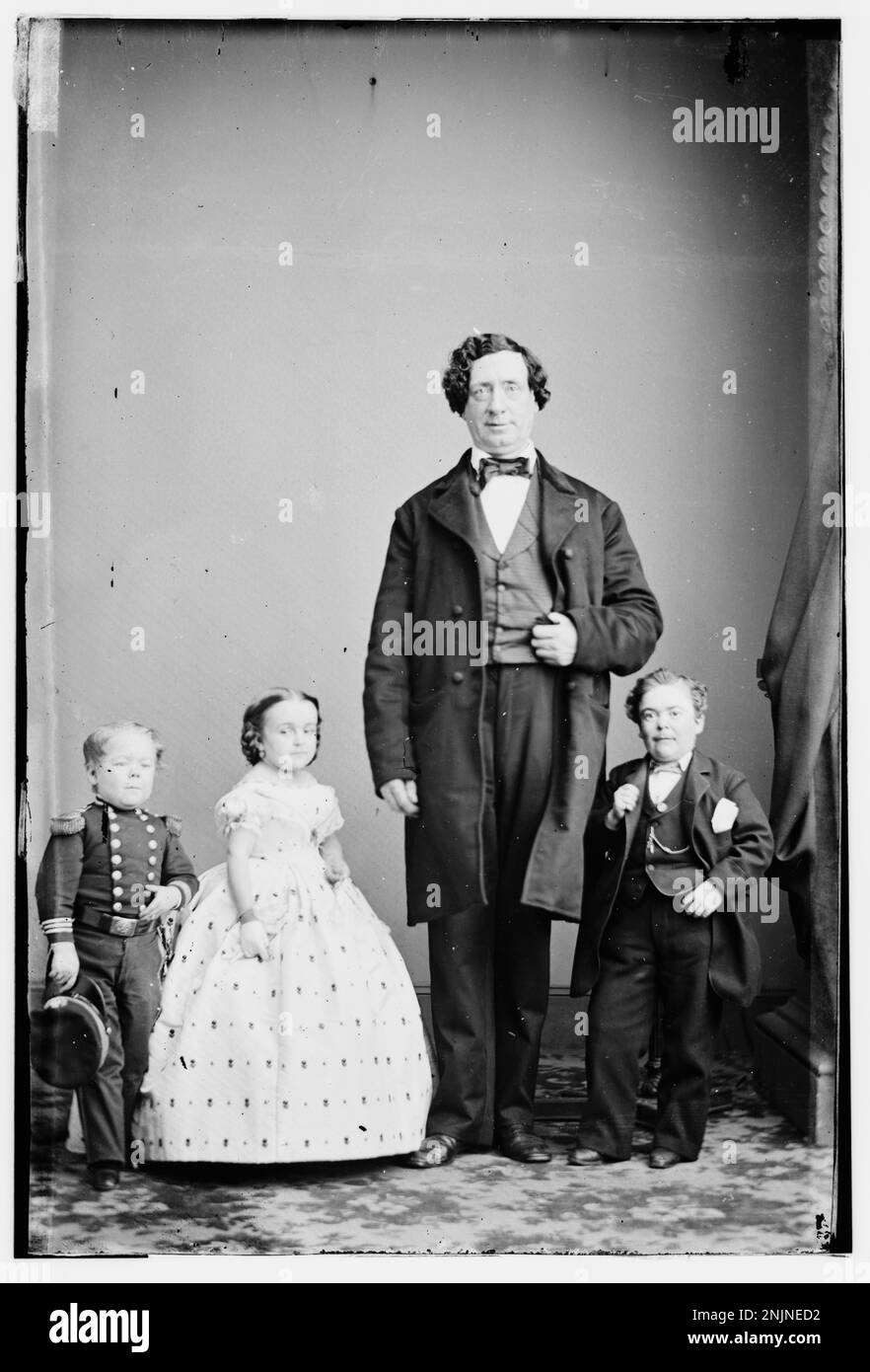 Ritratto del generale Tom Thumb, Miss Lavinia Warren, Commodoro Nutt e il Gigante, presente nella Brady-Handy Collection alla Library of Congress. Il gruppo era famoso per le loro esibizioni come parte del circo di P.T. Barnum durante il XIX secolo. Foto Stock