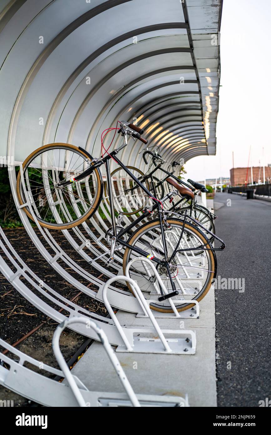 Fila delle biciclette della città pronto per il noleggio e le gite urbane sono in piedi in una stazione di noleggio pubblico in attesa di dilettanti e appassionati ciclisti che Foto Stock