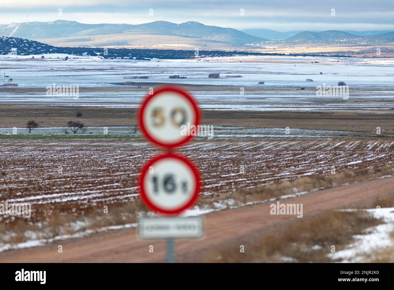 Campi agricoli in un paesaggio invernale. Laguna de Gallocanta, Teruel, Saragozza, Aragona, Spagna, Europa. Foto Stock