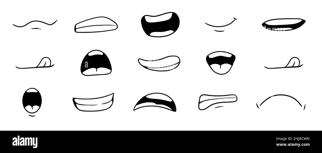 Cartone animato bocca sorriso, felice, triste espressione set. Bocca di doodle disegnata a mano, lingua caricatura emoji icona. Divertente stile comico doodle. Illustrazione vettoriale. Illustrazione Vettoriale