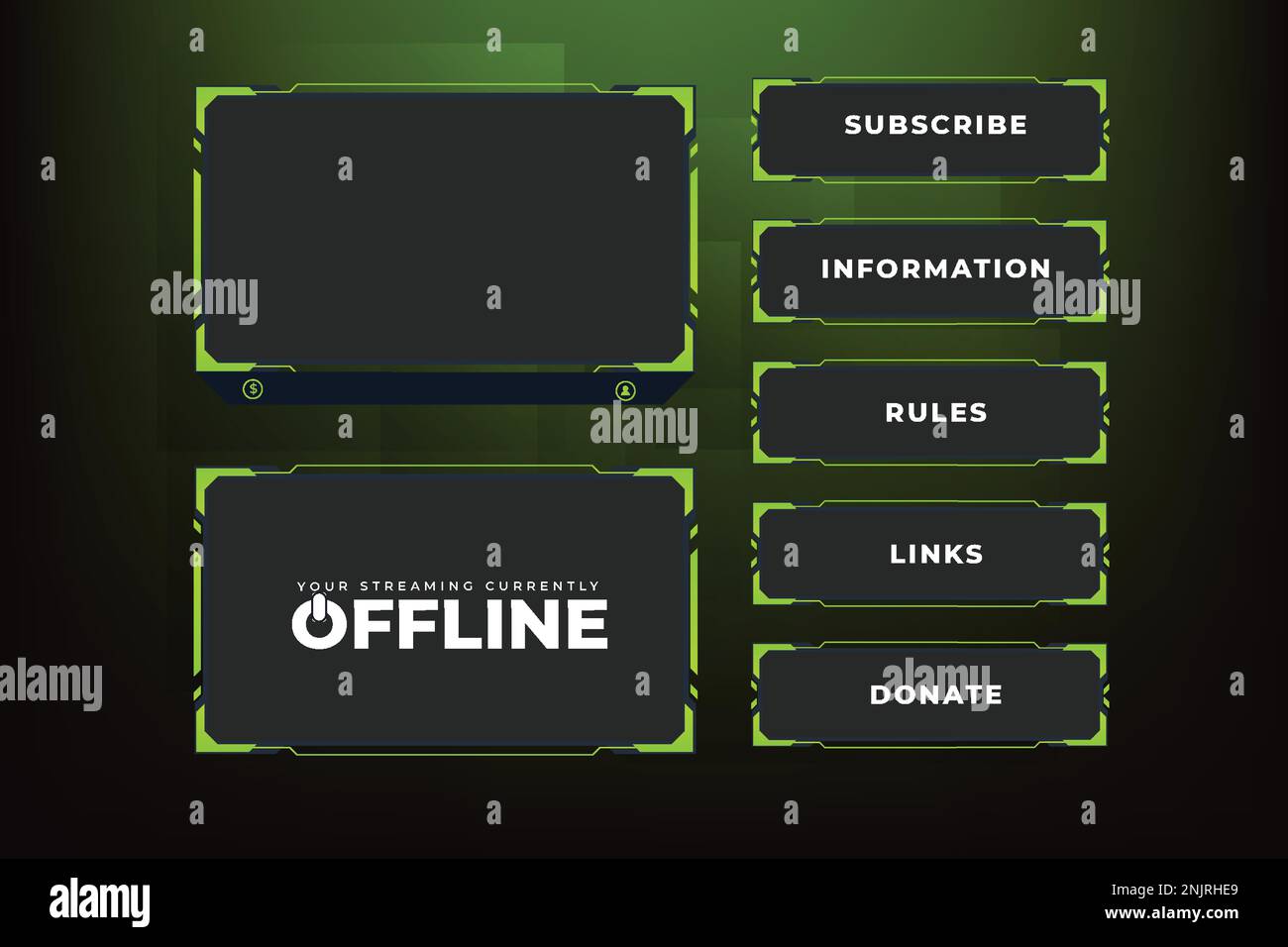Display video e cornice decorativa in streaming con colori verde e scuro. Moderno vettore di sovrapposizione schermo broadcast per i giocatori dal vivo. Sistema di gioco futuristico scr Illustrazione Vettoriale