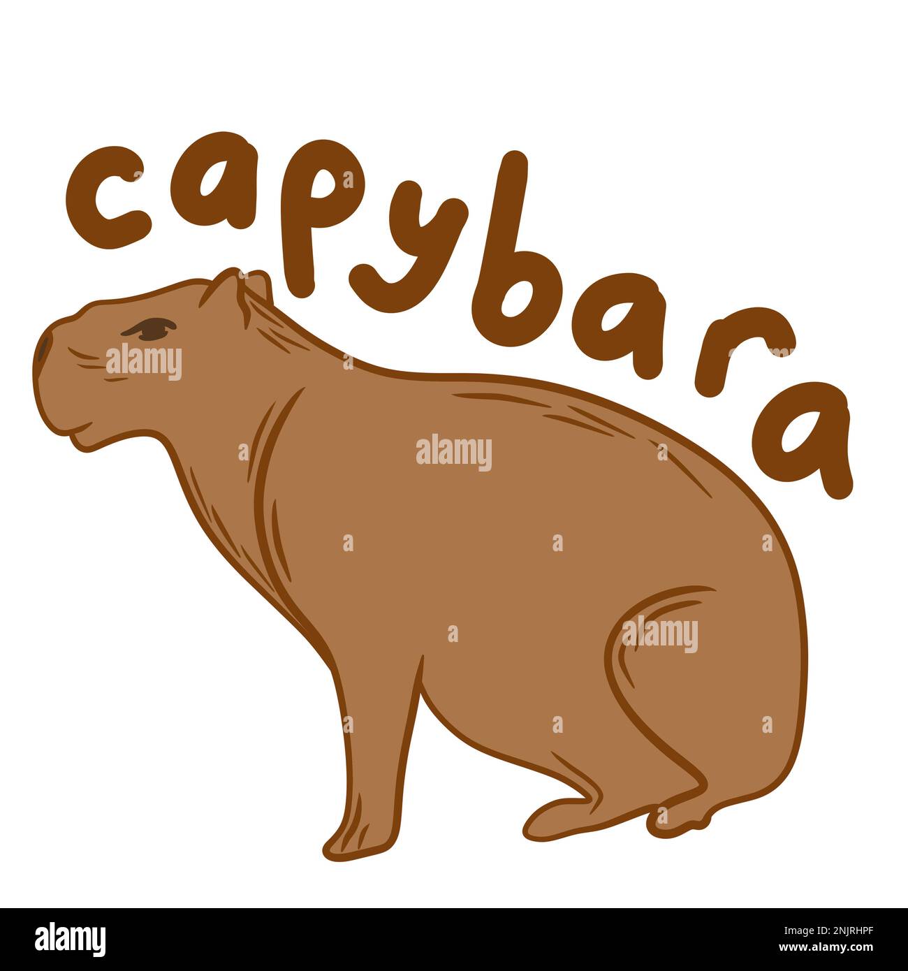 Illustrazione disegnata a mano di carino animale capybara in marrone beige su sfondo bianco. Fauna selvatica natura, zoo zoologia animale mascotte, silhouette roditore pelliccia specie, semplice design minimalista linea Foto Stock
