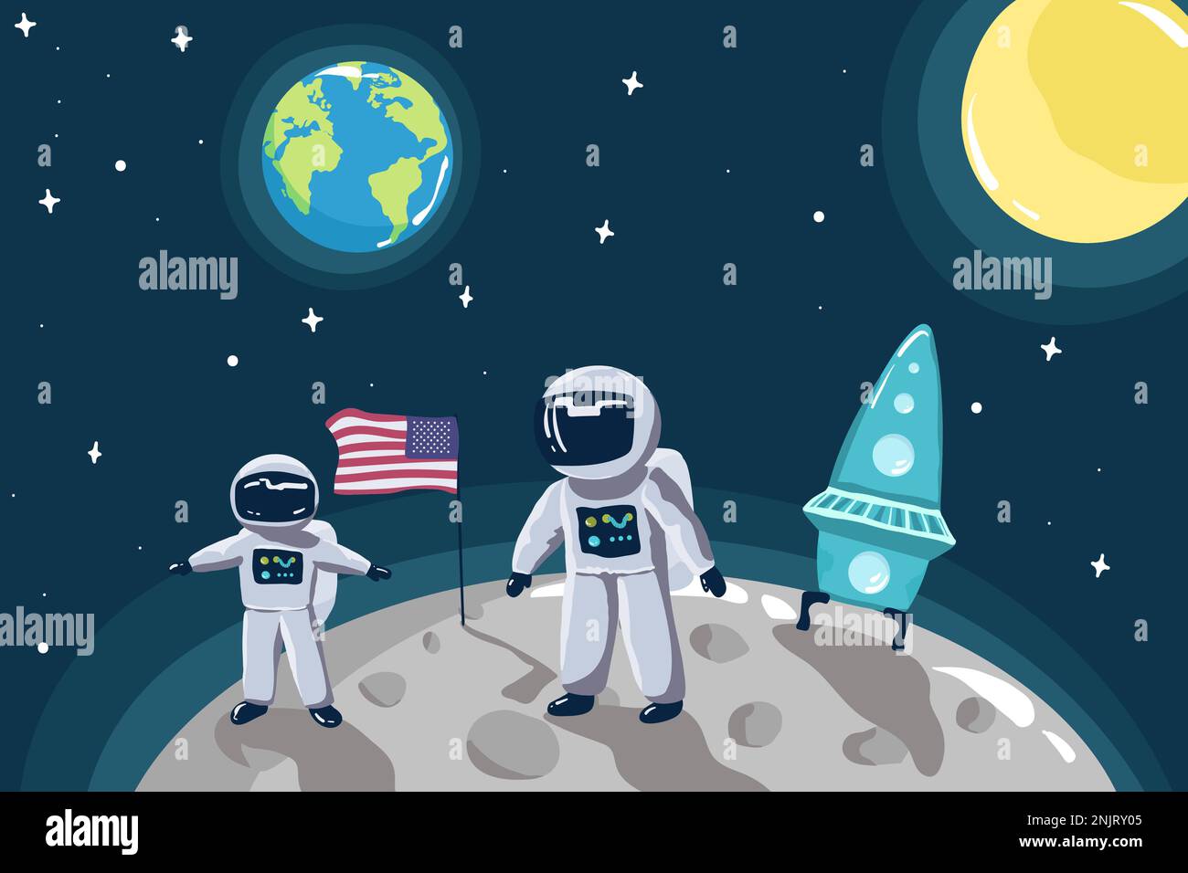 Carino piccolo astronauta in piedi sulla luna con USA flag.Space mission.childish vettore illustrazione, Illustrazione Vettoriale