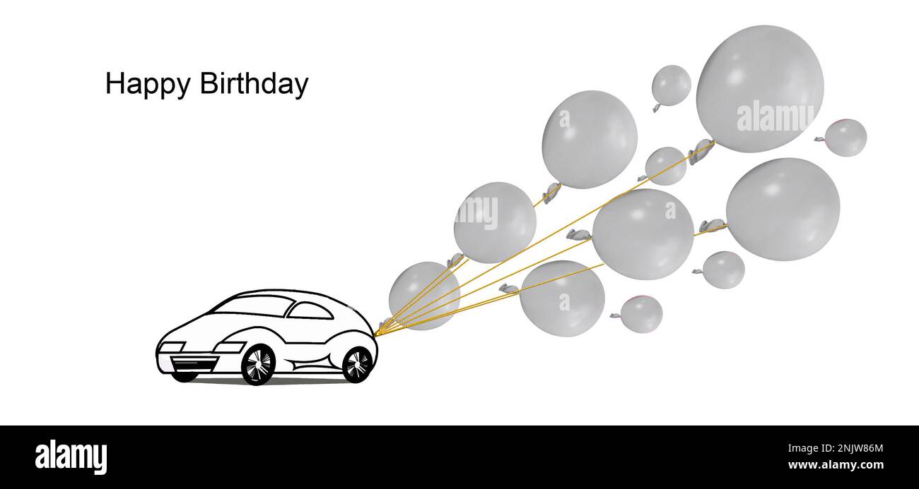 Bella carta buon compleanno con palloncini e auto Foto Stock