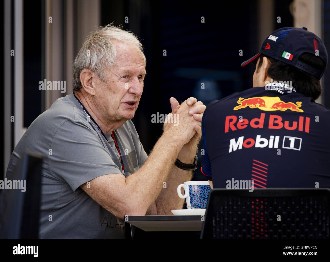 BAHRAIN - Helmut Marko (Red Bull Racing) parla con Sergio Perez (Red Bull Racing) durante la prima giornata di test sul Bahrain International Circuit in vista dello start della stagione di Formula 1. ANP SEM VAN DER WAL Foto Stock