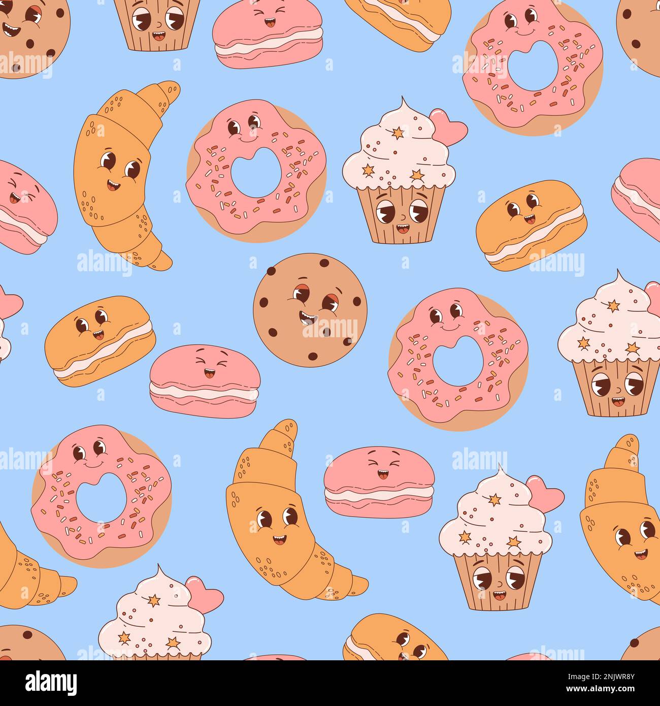 Delizioso motivo senza cuciture con simpatici personaggi da forno e biscotti su sfondo blu. Illustrazione vettoriale per carta da parati, design, tessuto, imballaggio, d Illustrazione Vettoriale