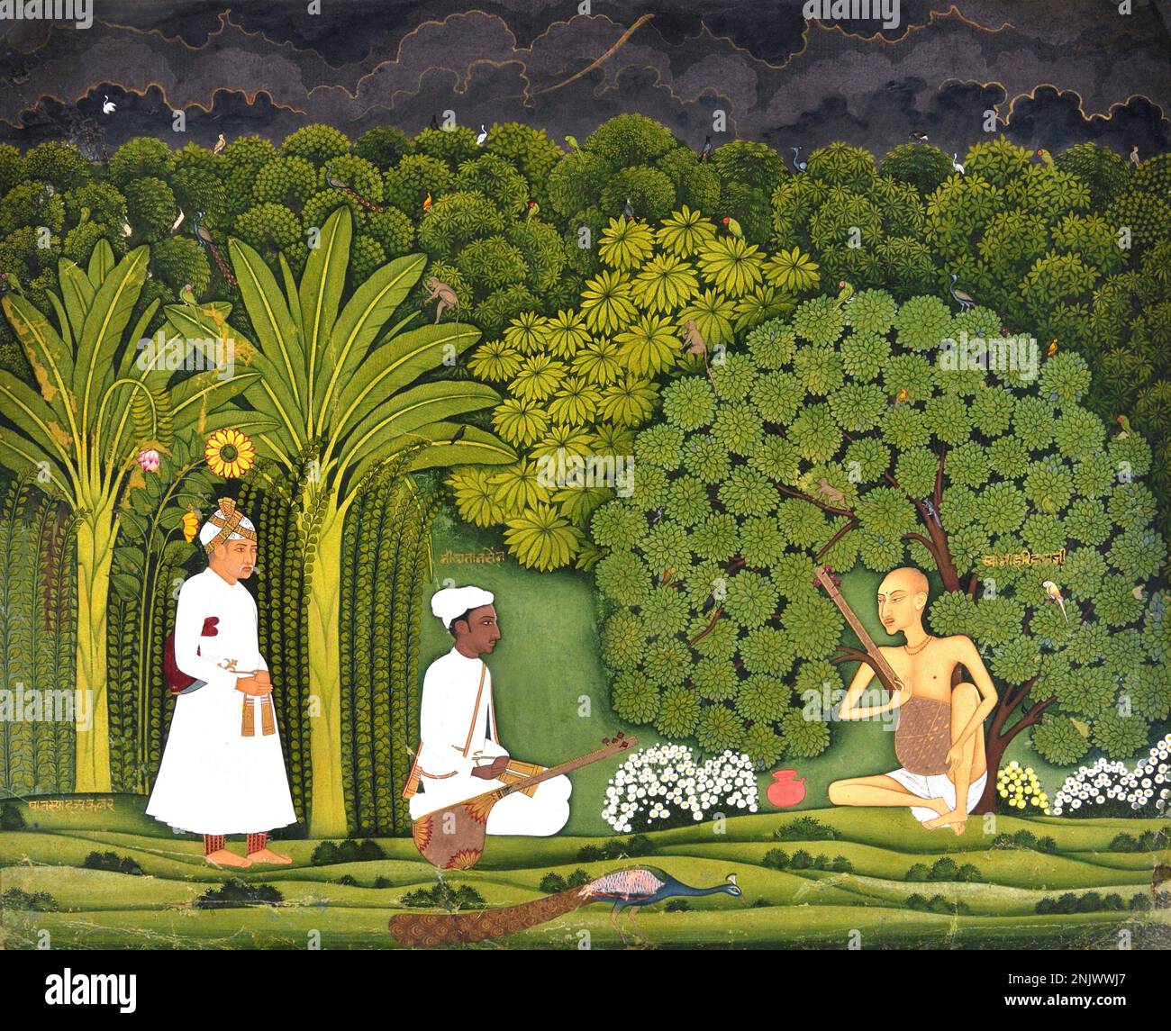 India: Swami Haridas con Tansen e l'imperatore Akbar a Vrindavana. Pittura, c. 1730s. Akbar (25 ottobre 1542 – 27 ottobre 1605), noto anche come Shahanshah Akbar-e-Azam o Akbar il Grande, fu il terzo imperatore Mughal. Era di discendenza timuride; il figlio dell'imperatore Humayun ed il nipote dell'imperatore Babur, il righello che ha fondato la dinastia di Mughal in India. Alla fine del suo regno nel 1605 l'impero Mughal coprì la maggior parte dell'India settentrionale e centrale. Popolarmente conosciuto come san musicista del nord dell'India, Swami Haridas si dice essere l'incarnazione di Lalita Sakhi, un caro amico di Radha. Foto Stock