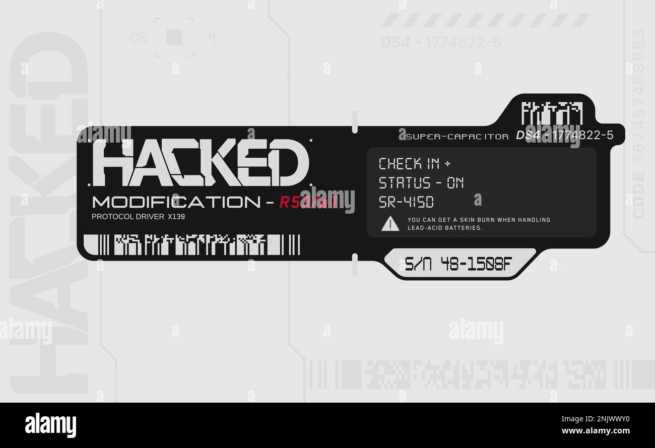 Decalcomania cyberpunk. Adesivo vettoriale, etichetta in stile futuristico. Segni, iscrizioni e simboli sci fi. Illustrazione Vettoriale