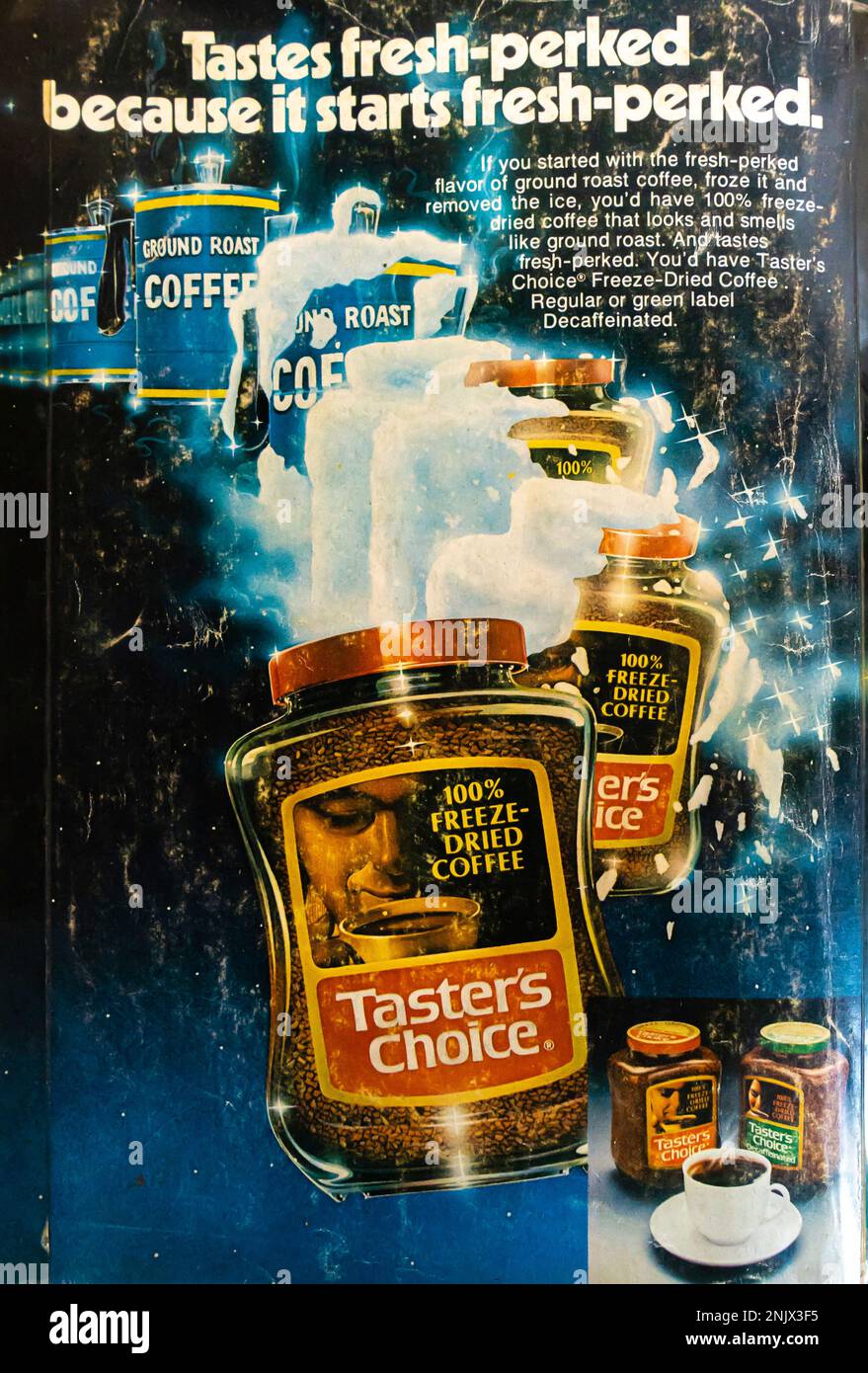 Pubblicità immediata del caffè Taster's Choice in una rivista NatGeo, giugno 1976 Foto Stock