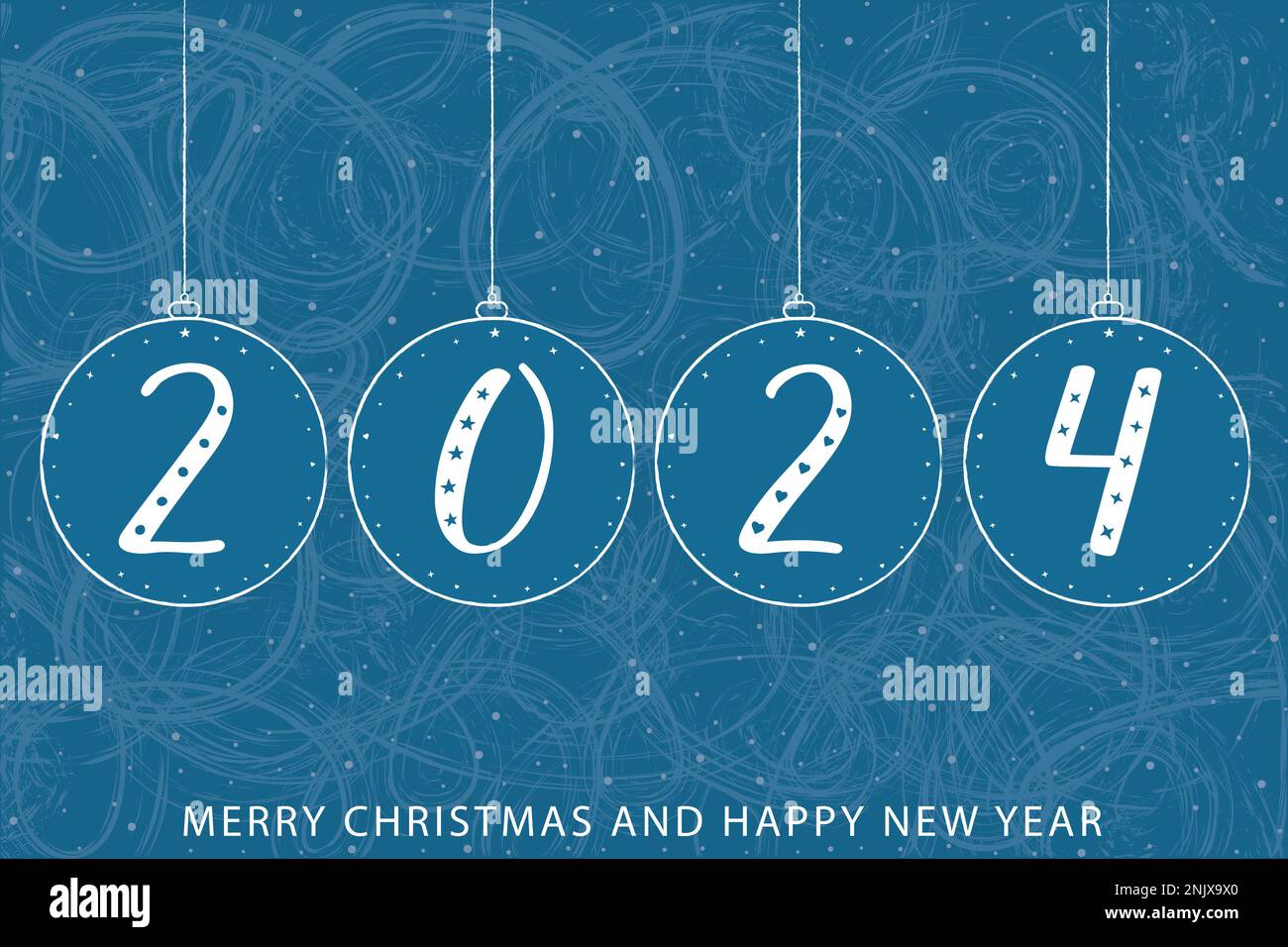Biglietto di auguri per il nuovo anno 2024. Numeri scritti a mano in palle di Natale. Testo bianco buon Natale e Felice Anno Nuovo. Motivo smerigliato su sfondo blu. Illustrazione Vettoriale