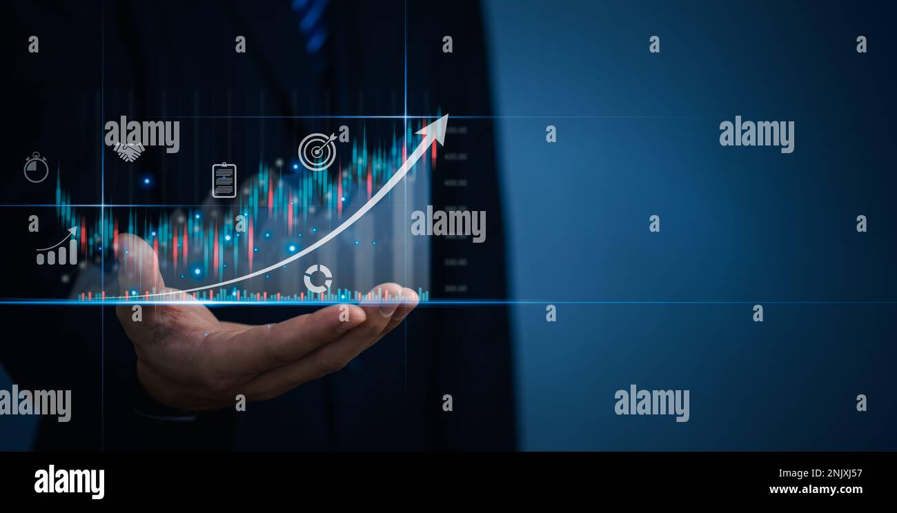 Pianificazione e strategia della crescita aziendale, fondi per investimenti nel mercato azionario e asset digitali. business forex trading grafico finanziario data technology e io Foto Stock
