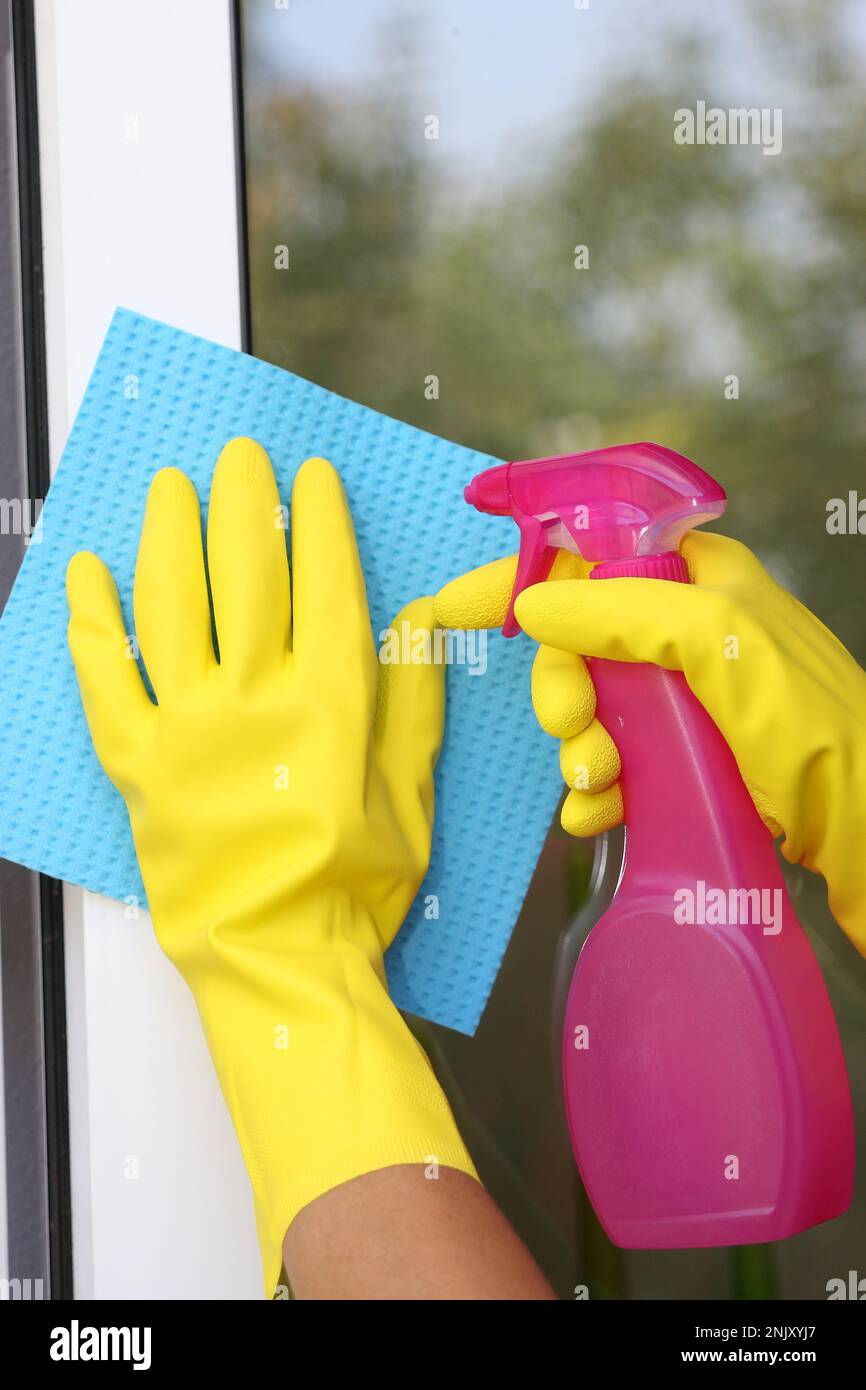 Donna di pulizia di vetri Foto Stock