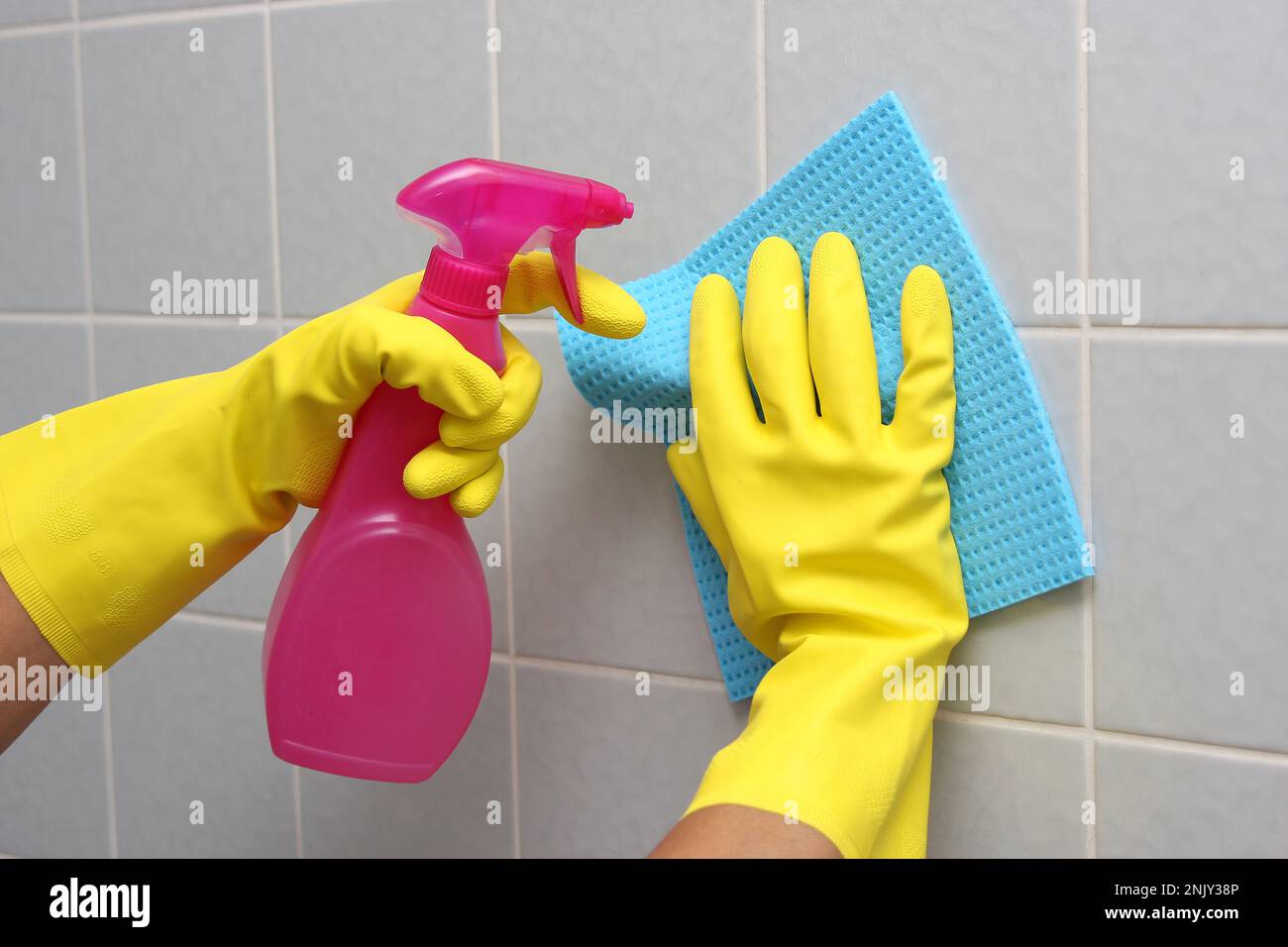 donna pulizia bagno Foto Stock