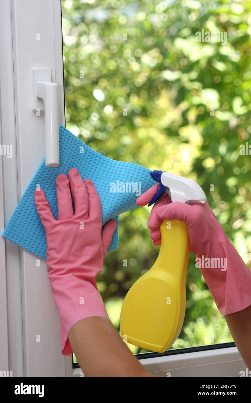 Donna di pulizia di vetri Foto Stock