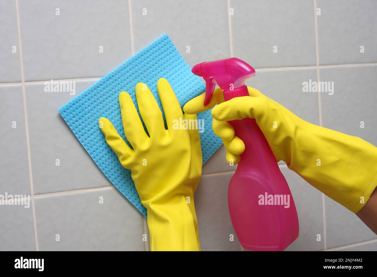 donna pulizia bagno Foto Stock