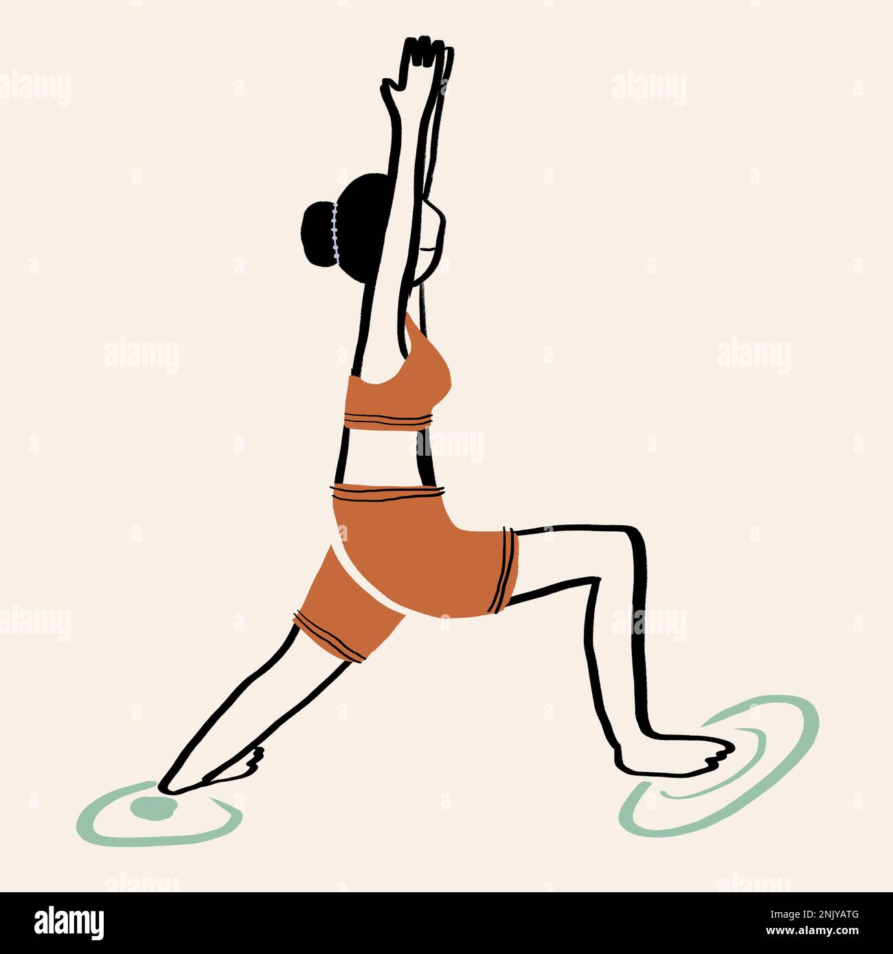 Illustrazione vettoriale di vista laterale di donna in forma con capelli scuri in abbigliamento sportivo che esegue la posa Ashta Chandrasana mentre pratica yoga Foto Stock