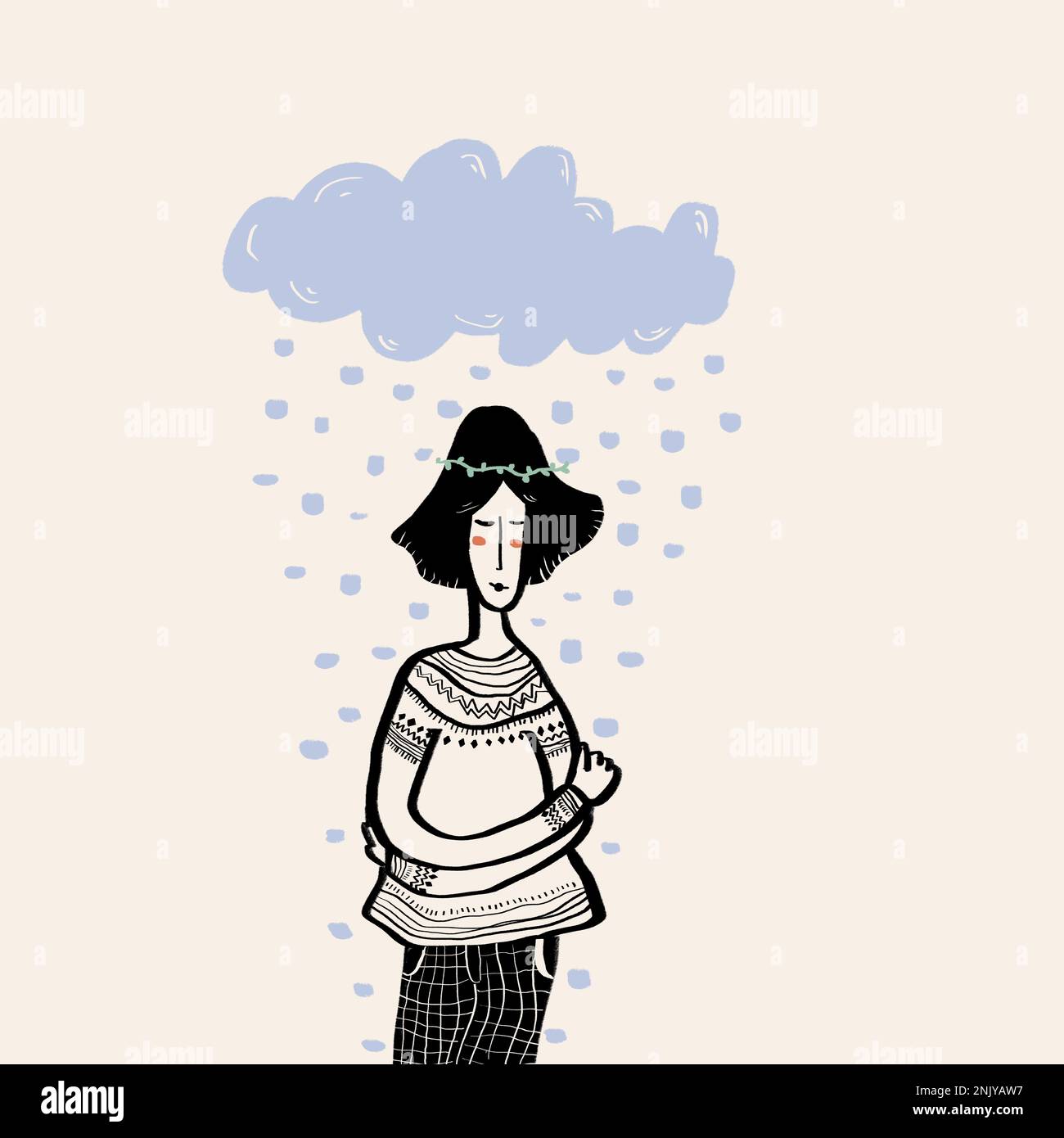 Immagine vettoriale di donna calma con capelli neri corti in caldo maglione e pantaloni in piedi sotto nuvola piovosa con braccia incrociate su sfondo rosa Foto Stock