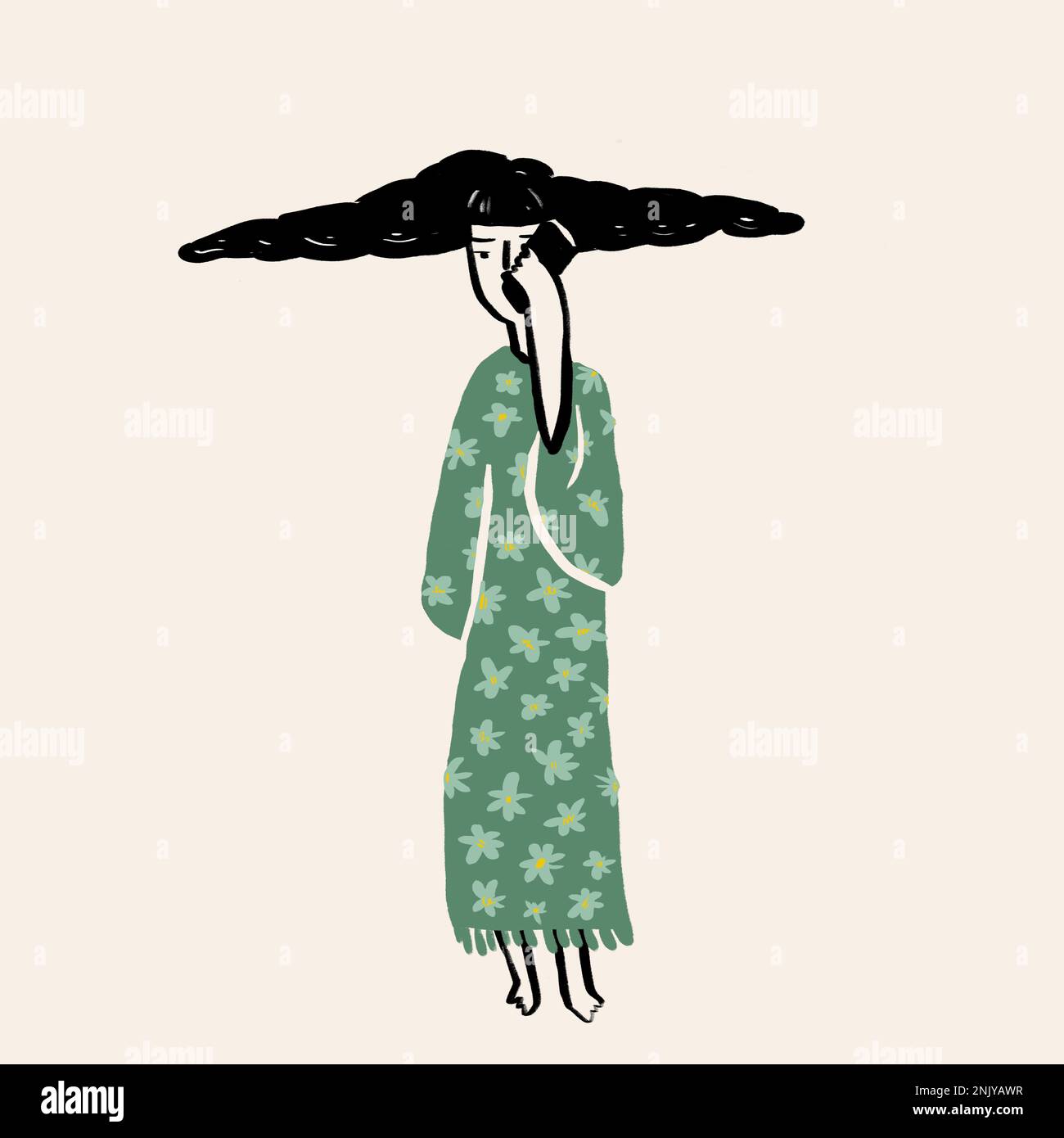 Immagine vettoriale di donna con smartphone su vestito verde con fiori fioriti su sfondo rosa Foto Stock