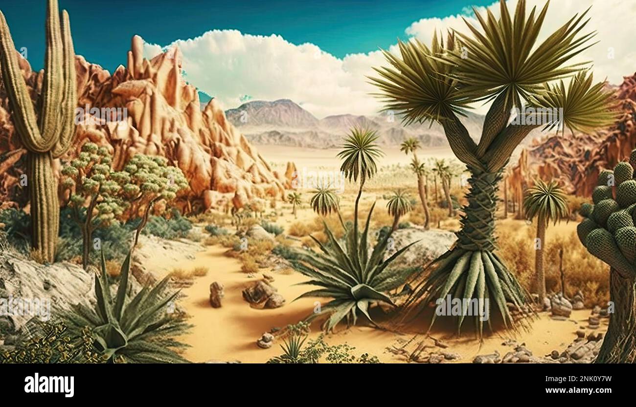 10.000 a.C. desertico paesaggio tropicale caratterizzato da condizioni aride, vegetazione scarsa e vaste distese di terreno sabbioso. Clima più caldo e. Foto Stock
