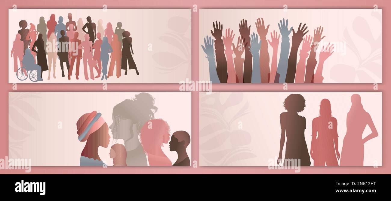 Silhouette gruppo di donne multiculturali. Poster banner modello. Giornata internazionale della donna. Colleghi. Comunità sociale femminile di cultura diversa. Illustrazione Vettoriale