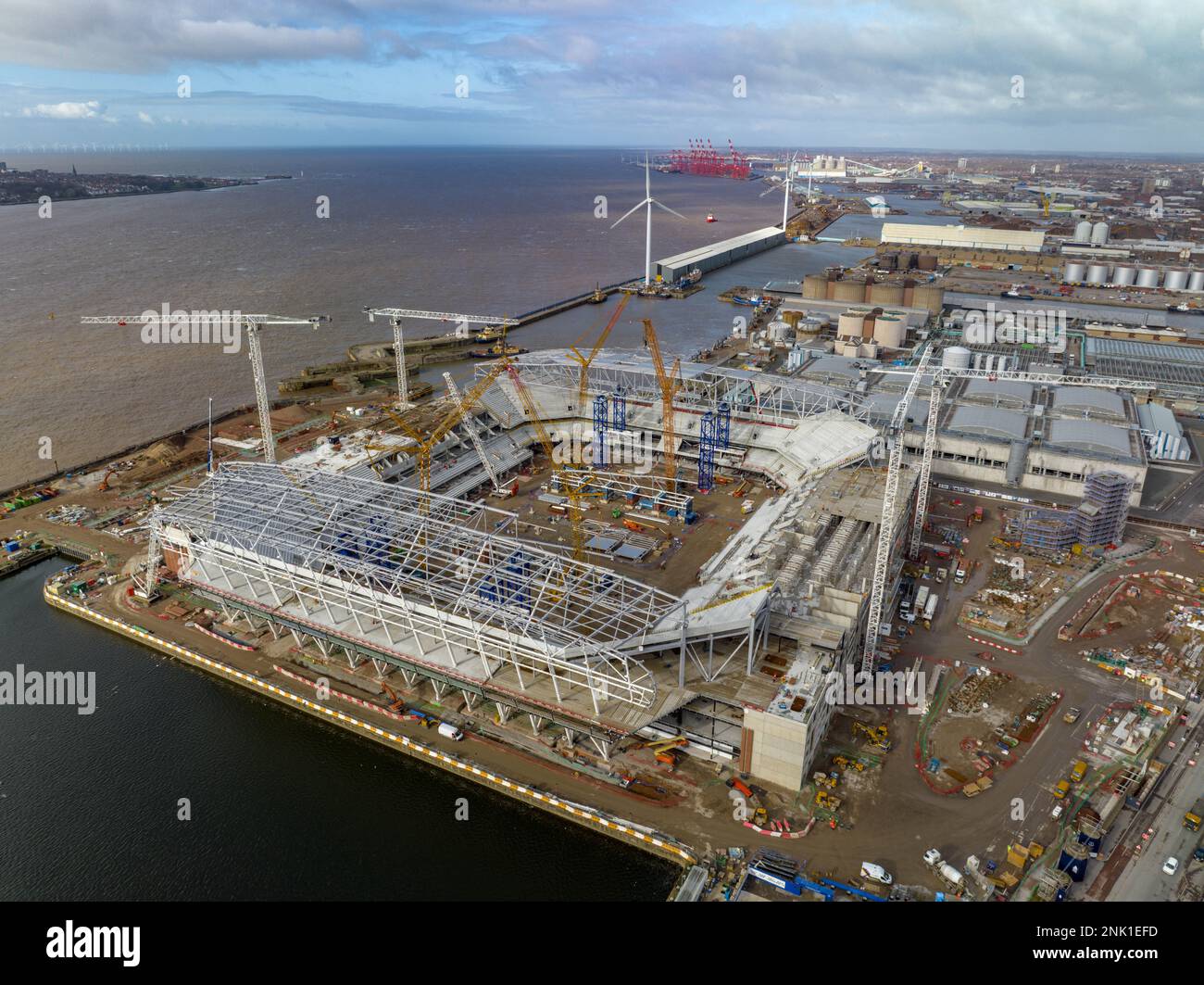 Il New Everton Football Club Stadium durante i lavori in aereo Foto Stock