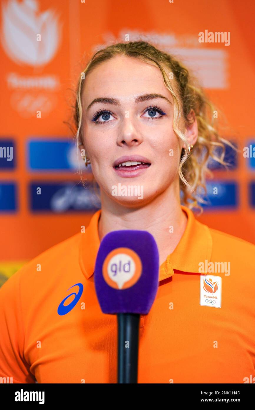 ARNHEM, PAESI BASSI - 23 FEBBRAIO: Lieke Klaver dei Paesi Bassi durante una conferenza stampa prima dei Campionati europei di atletica indoor a Papendal il 23 febbraio 2023 ad Arnhem, Paesi Bassi (Foto di Joris Verwijst/BSR Agency) Foto Stock