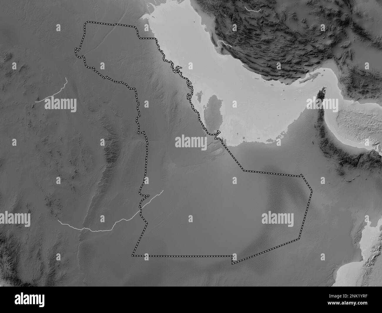 Ash Sharqiyah, regione dell'Arabia Saudita. Mappa in scala di grigi con laghi e fiumi Foto Stock