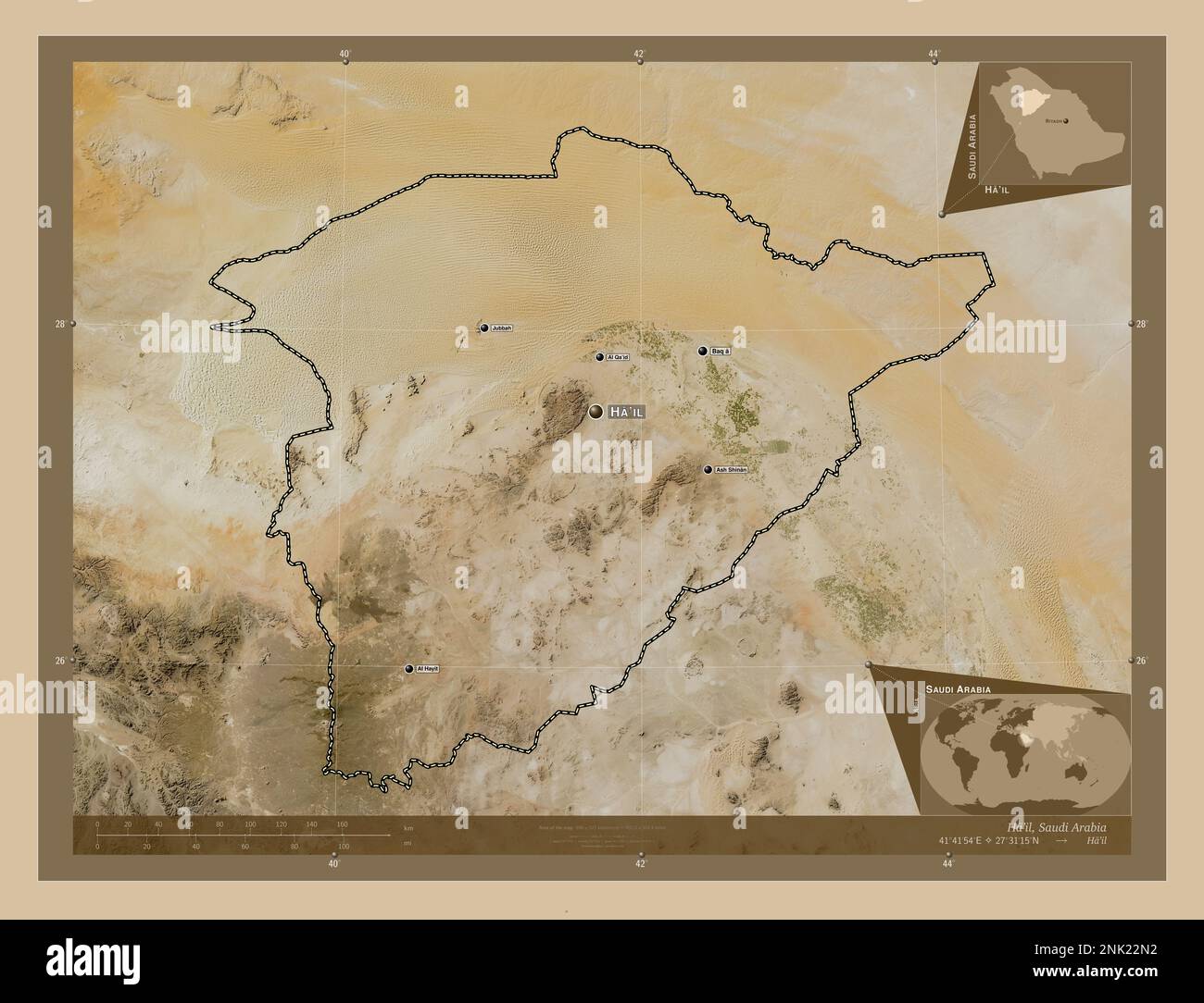 Ha'il, regione dell'Arabia Saudita. Mappa satellitare a bassa risoluzione. Località e nomi delle principali città della regione. Mappe delle posizioni ausiliarie degli angoli Foto Stock