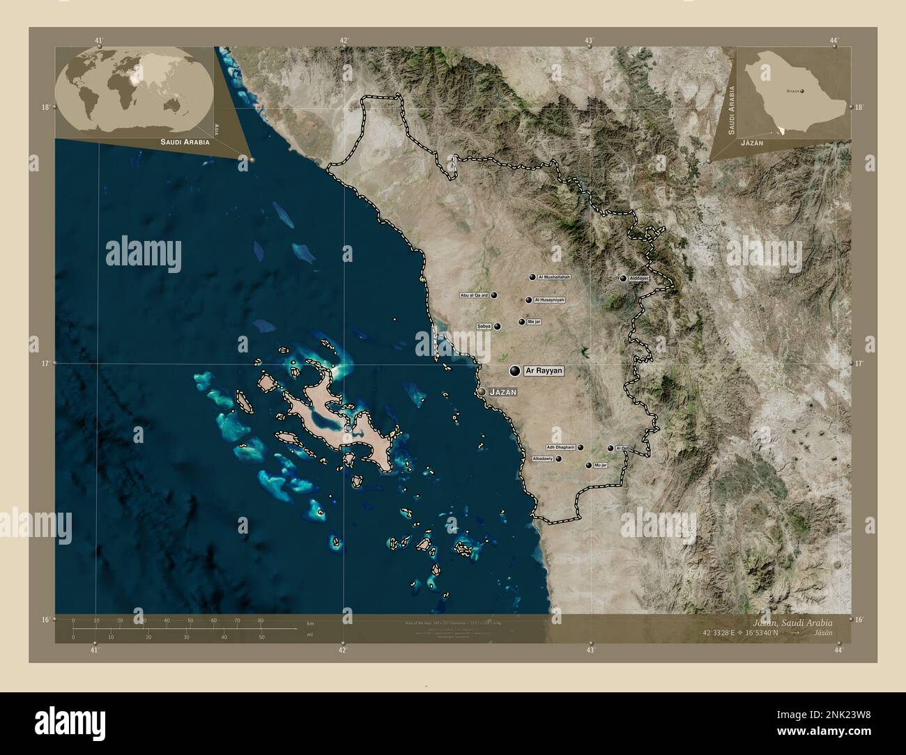 Jazan, regione dell'Arabia Saudita. Mappa satellitare ad alta risoluzione. Località e nomi delle principali città della regione. Mappe delle posizioni ausiliarie degli angoli Foto Stock