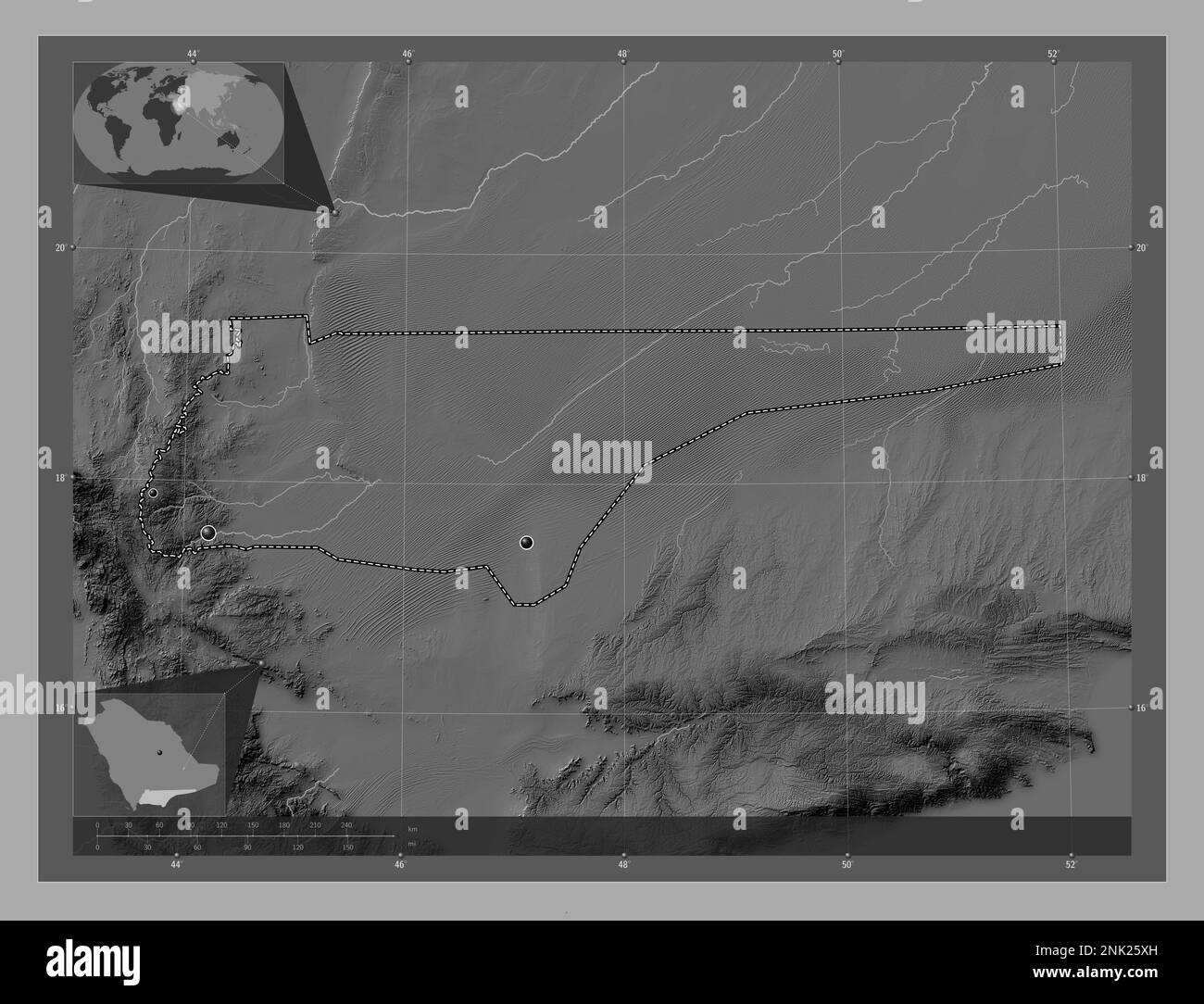 Najran, regione dell'Arabia Saudita. Mappa altimetrica bilivello con laghi e fiumi. Posizioni delle principali città della regione. Mappe delle posizioni ausiliarie degli angoli Foto Stock