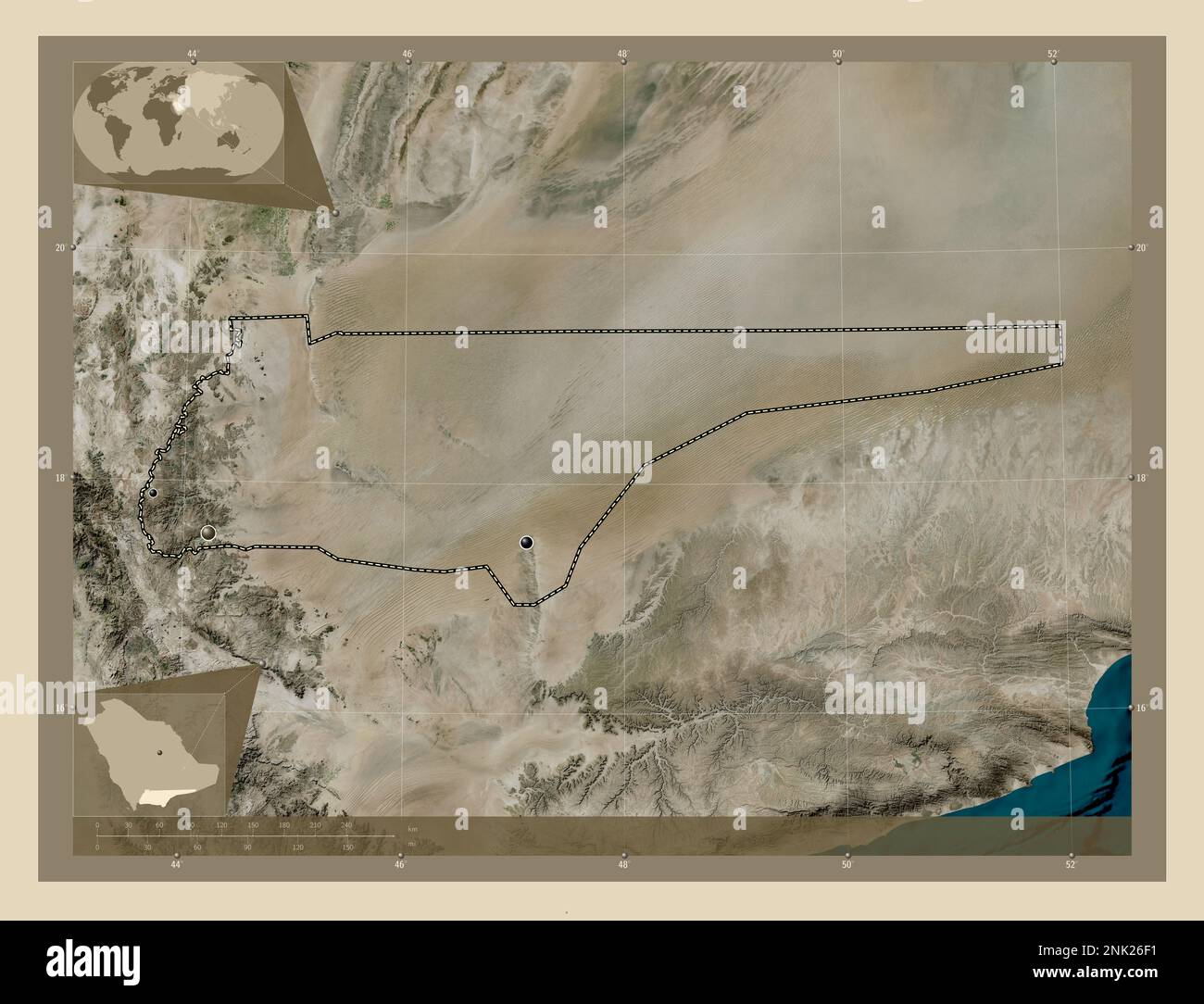 Najran, regione dell'Arabia Saudita. Mappa satellitare ad alta risoluzione. Posizioni delle principali città della regione. Mappe delle posizioni ausiliarie degli angoli Foto Stock