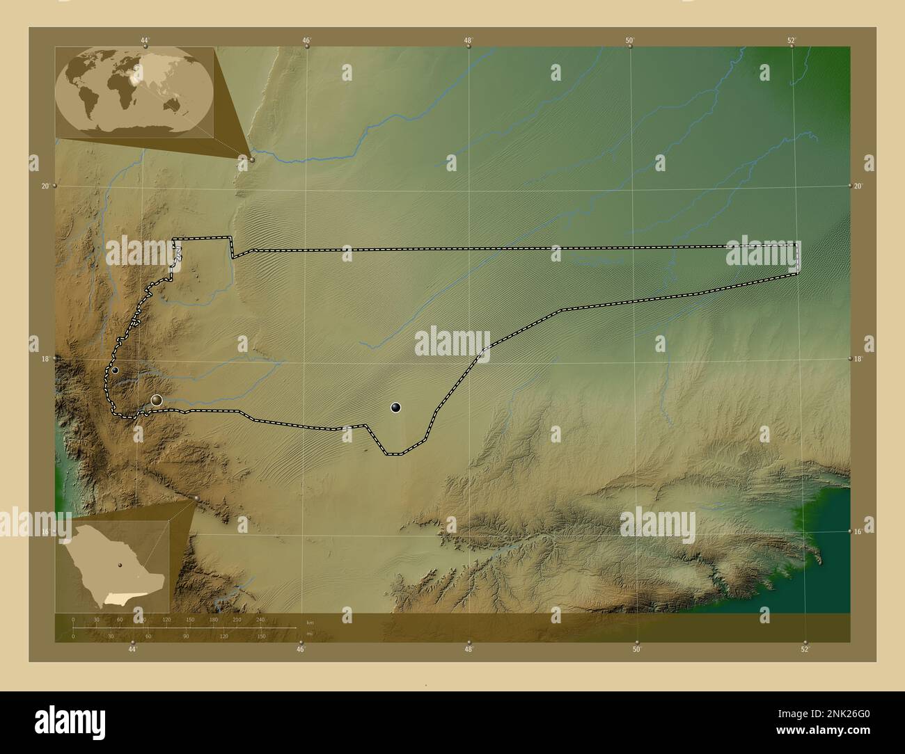 Najran, regione dell'Arabia Saudita. Mappa di altitudine colorata con laghi e fiumi. Posizioni delle principali città della regione. Mappe delle posizioni ausiliarie degli angoli Foto Stock