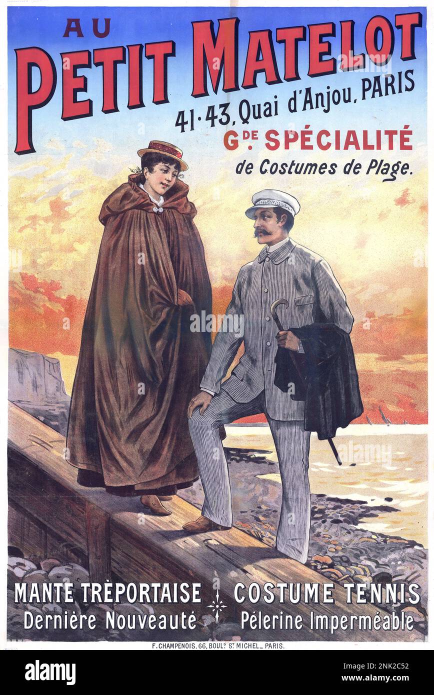 Poster dell'illustrazione di pubblicità vittoriana per gli uomini e le donne vestiti, circa 1899 Foto Stock