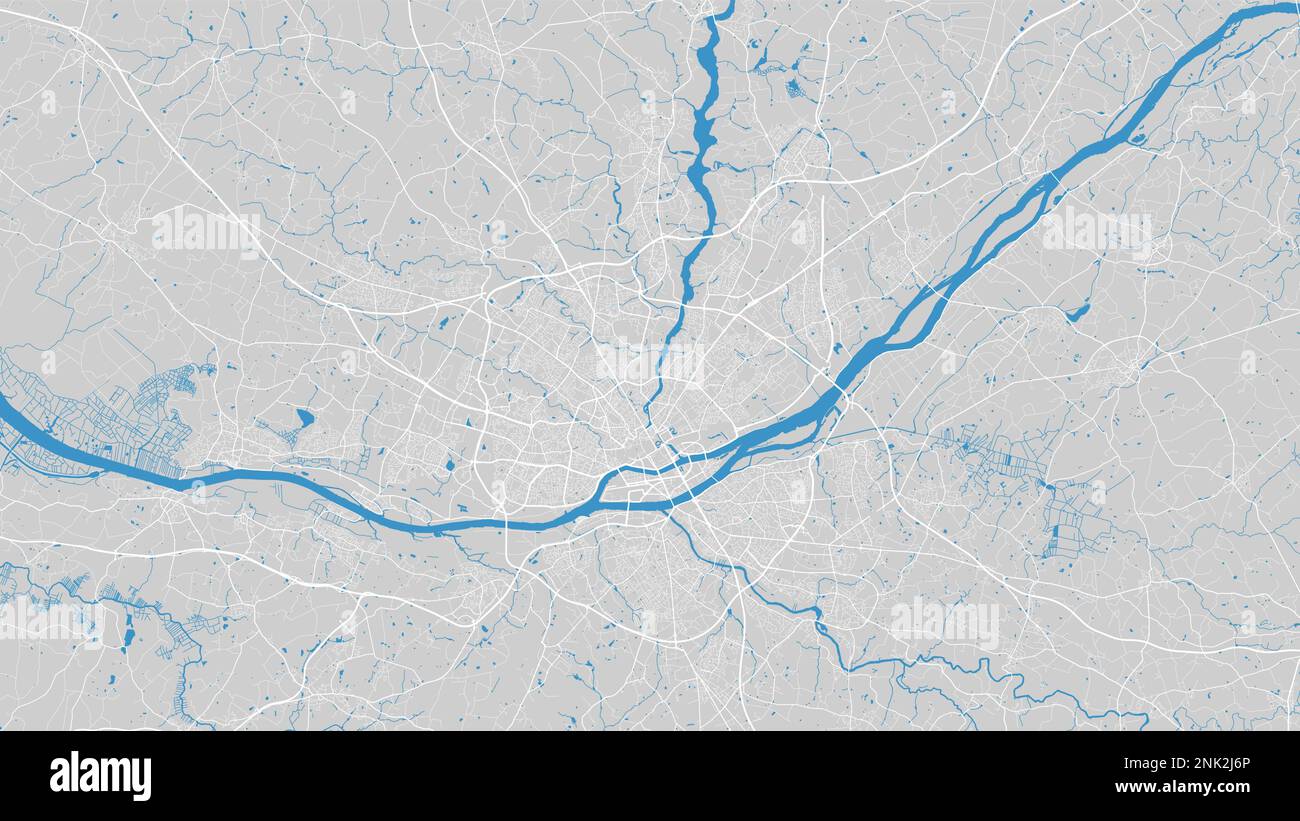 Mappa del fiume Loira, città di Nantes, Francia. Corso d'acqua, flusso d'acqua, blu su sfondo grigio Road map. Illustrazione vettoriale, silhouette dettagliata. Illustrazione Vettoriale